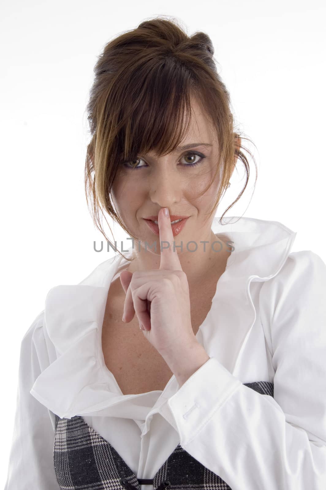smiling woman instructing you to keep  silent on an isolated background