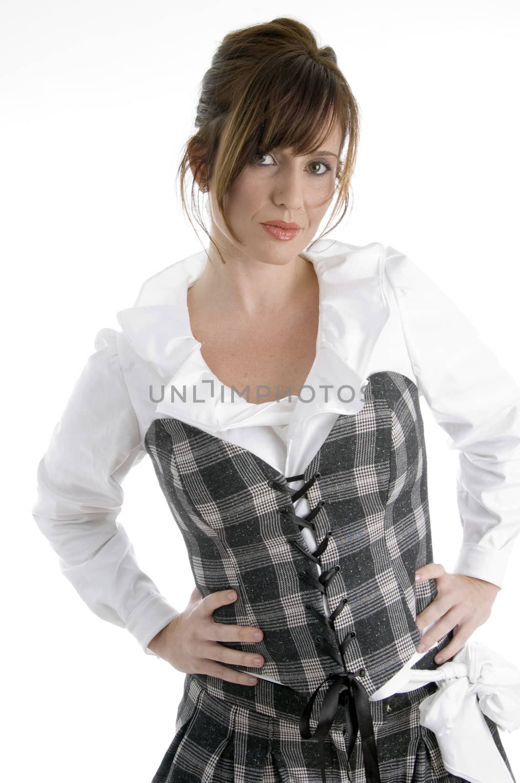 front view of adult woman on an isolated white background