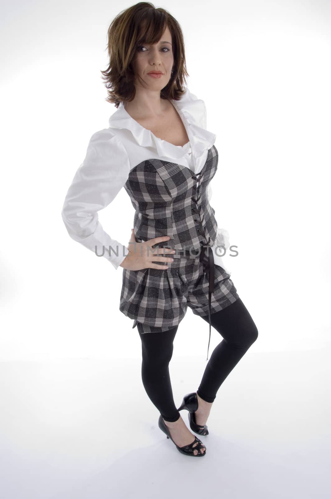 standing beautiful woman against white background