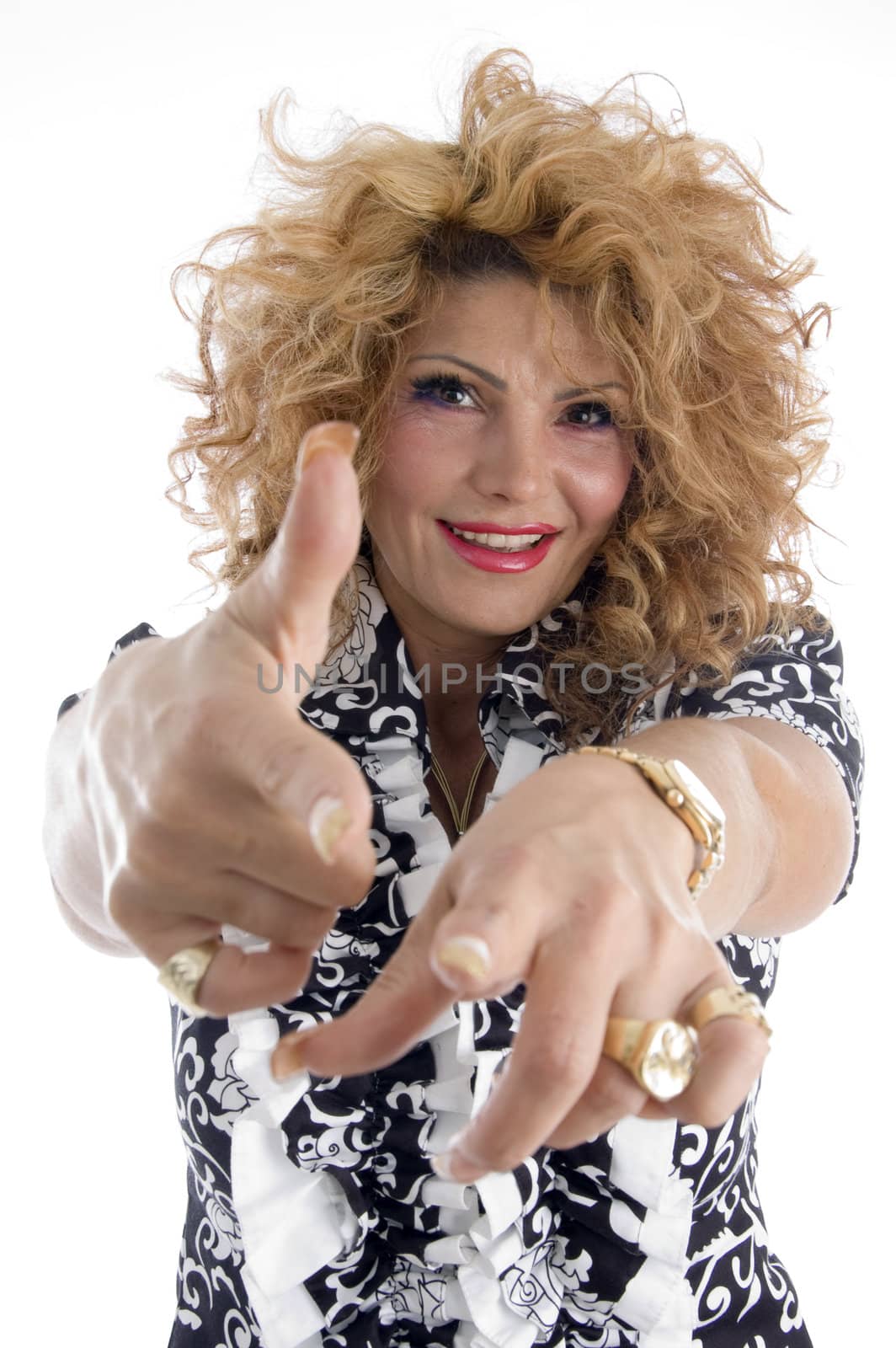 smiling adult female pointing you with white background