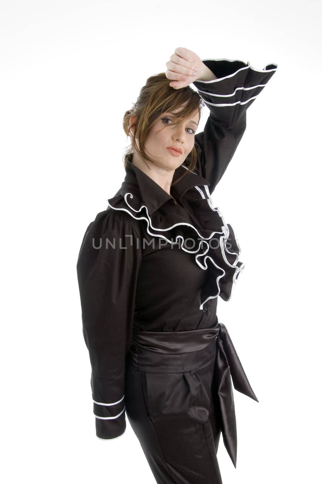 posing smiling female against white background