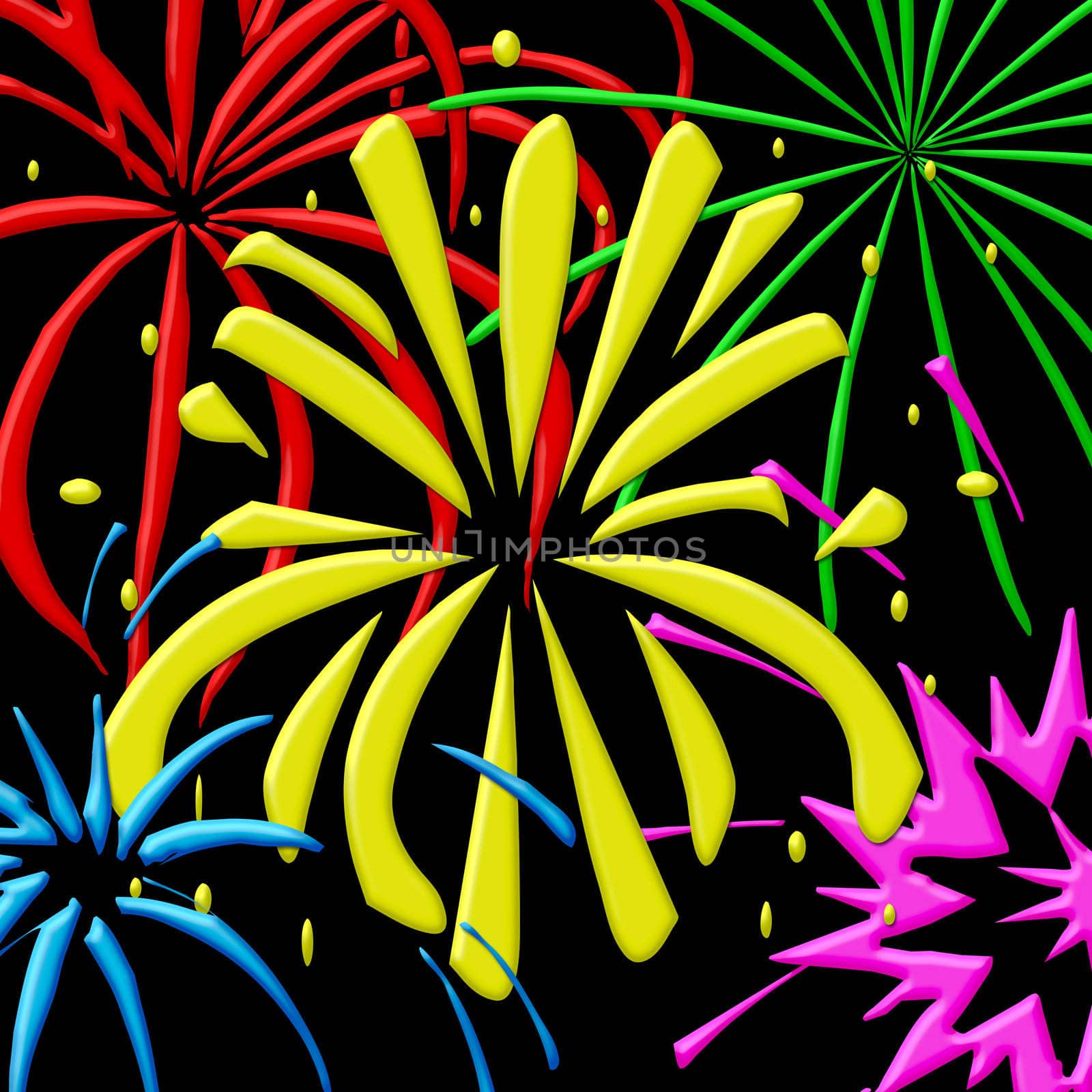 illustration of fireworks in primairy colors on black background