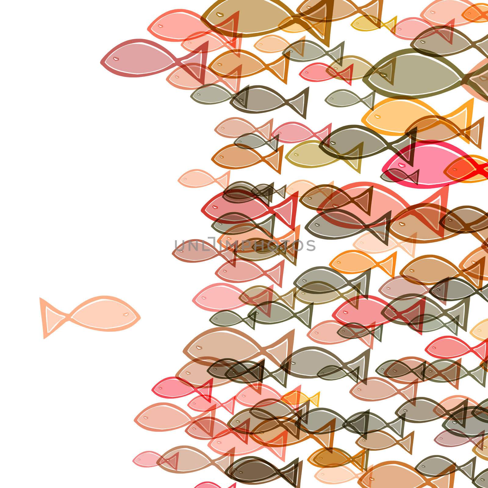 one fish swimming in the opposite direction of a troupe of fishes