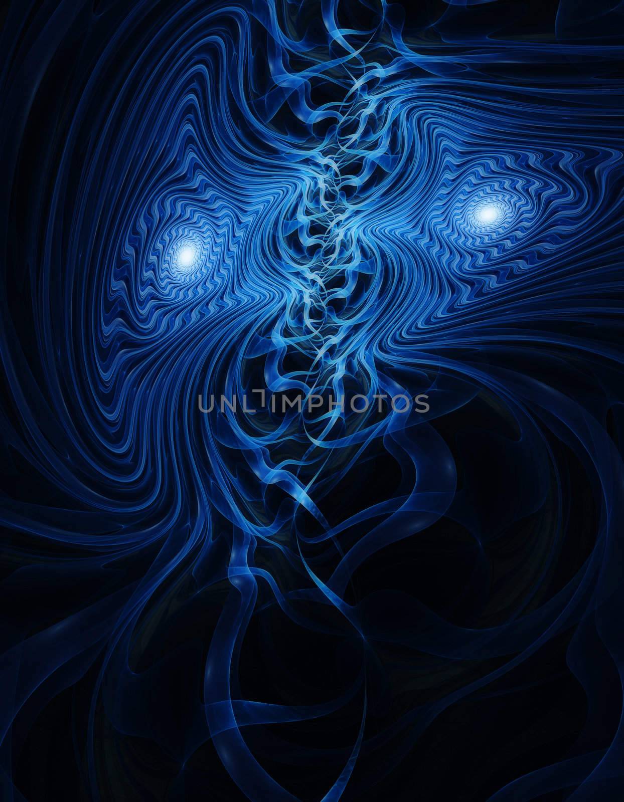A fractal resembling blue eyes and wavy lines on a black background rendered in Apophysis 