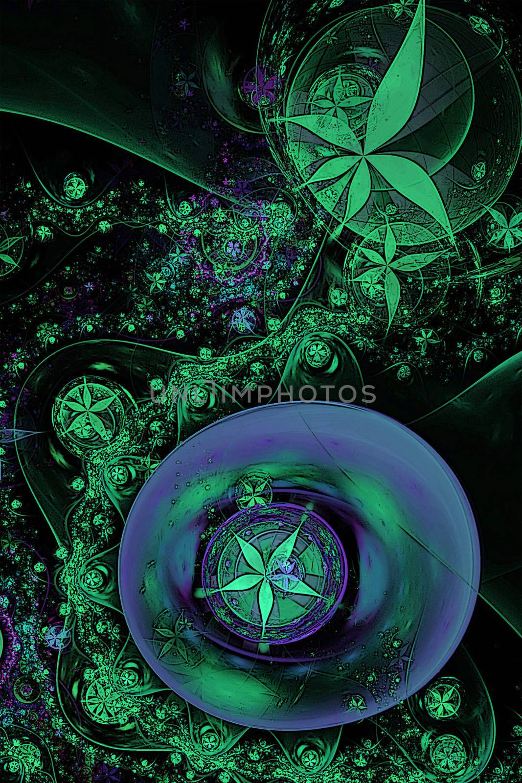 A fractal of green leaves created in Apophysis and illustrated in Photoshop. 