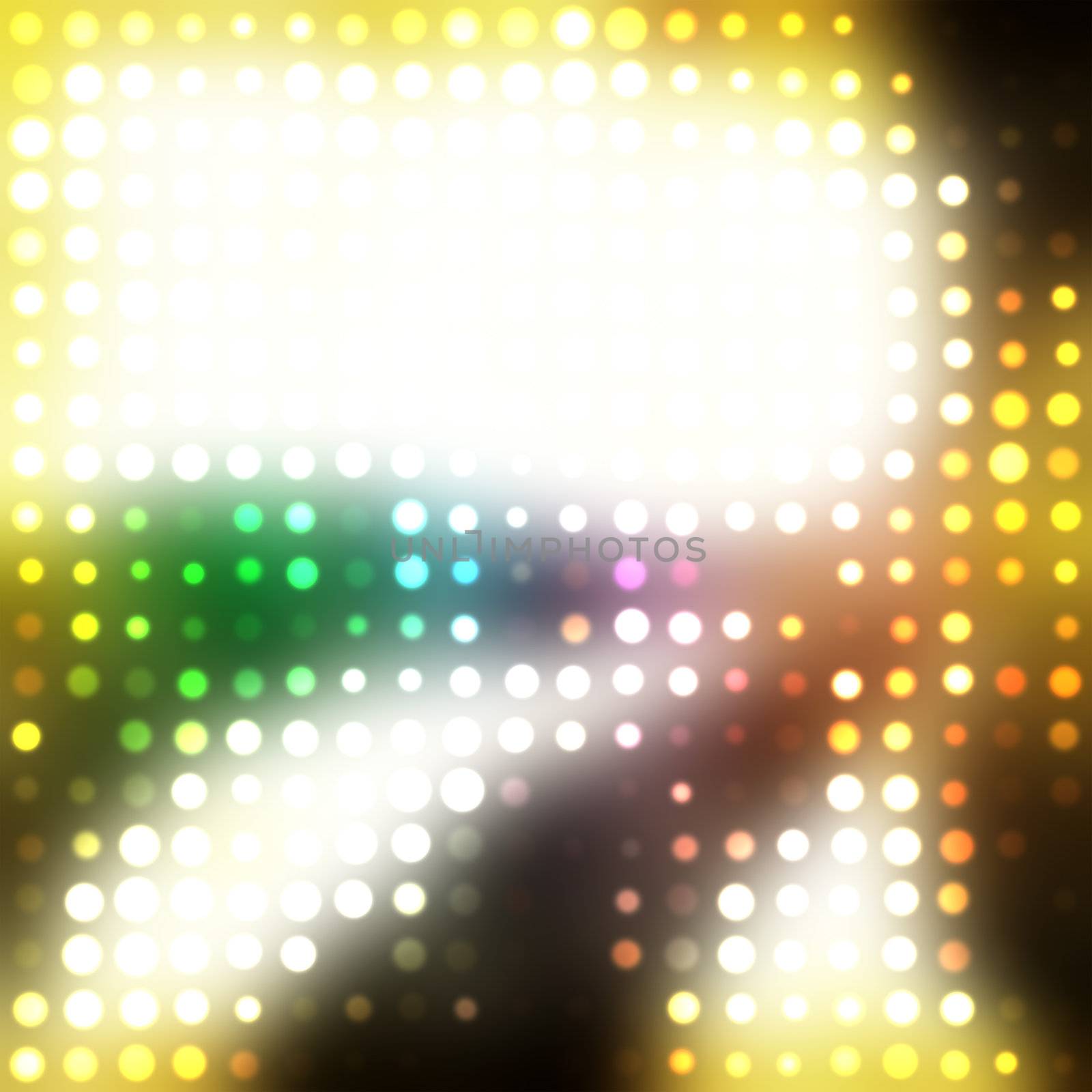 A rainbow colored halftone texture with glowing circles and plenty of copyspace. 
