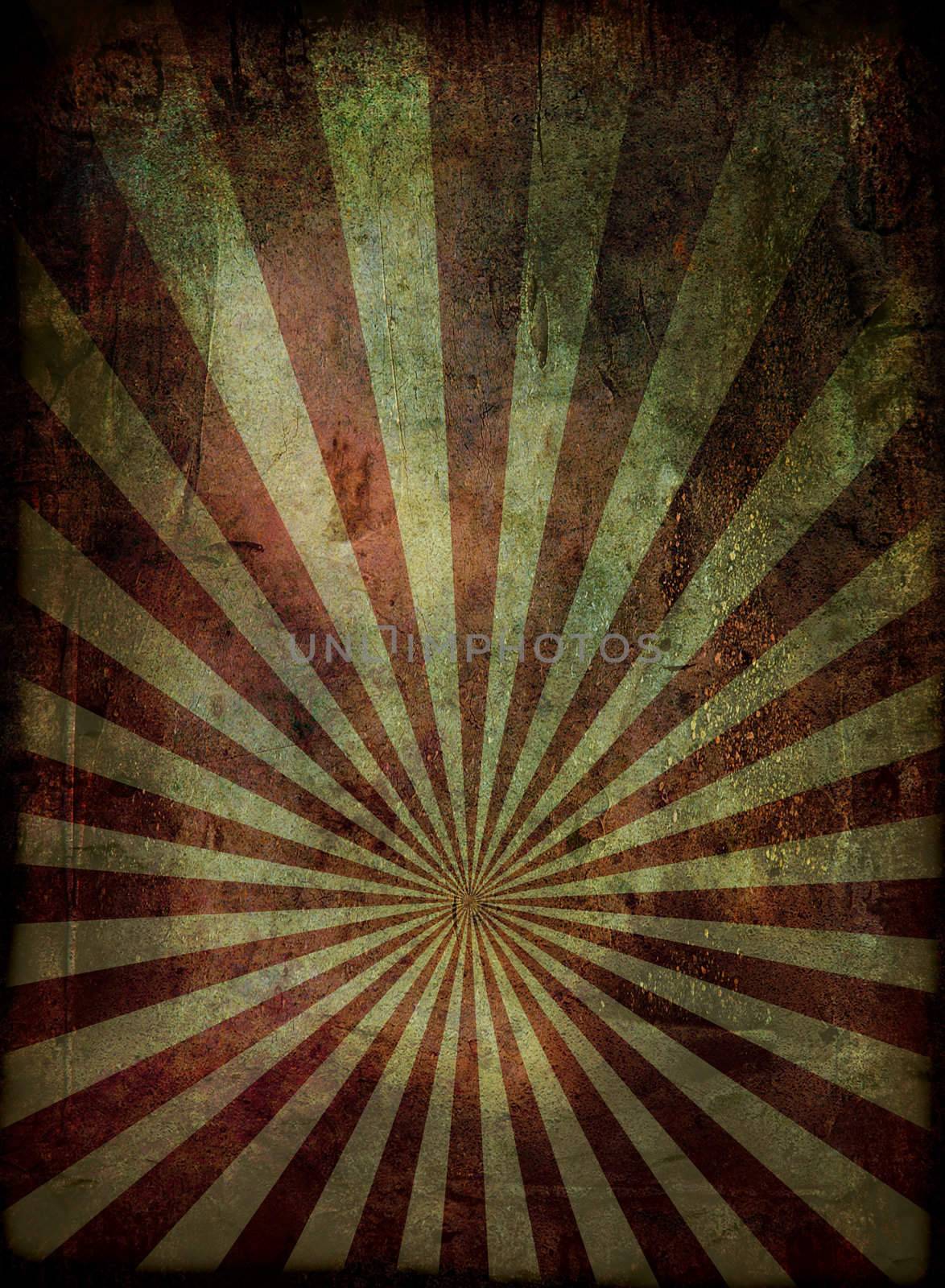 Radiating grunge background in red and with a weathered effect