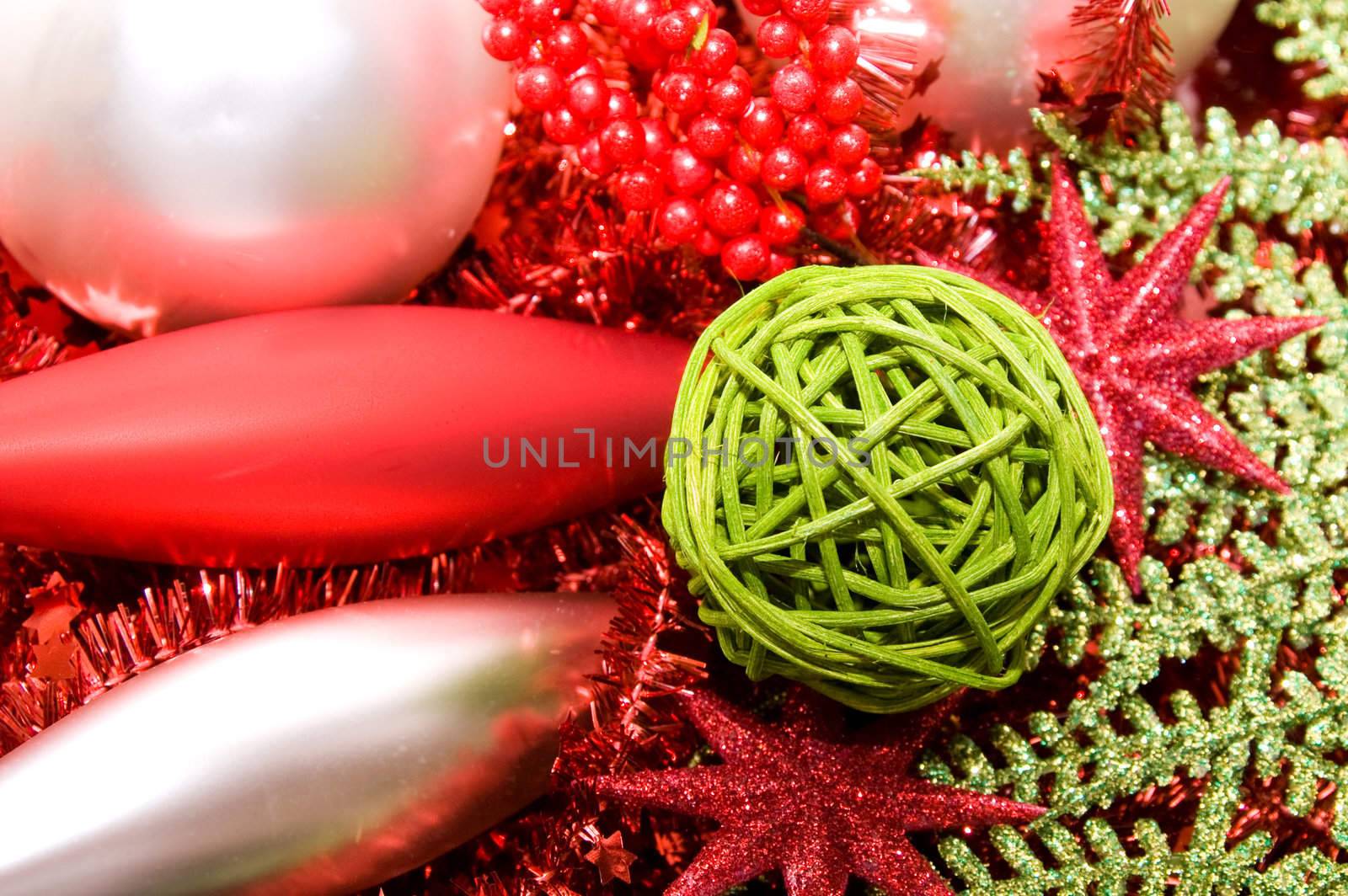 xmas decoration ornaments in silver and green and red  