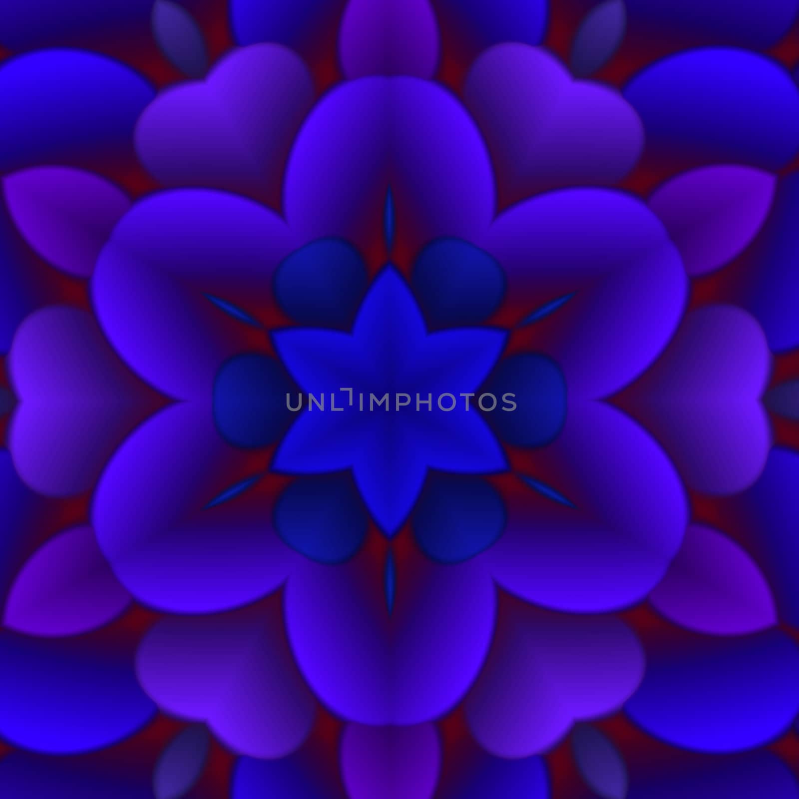 An abstract illustration of a blue and purple floral pattern with a glowing red background.