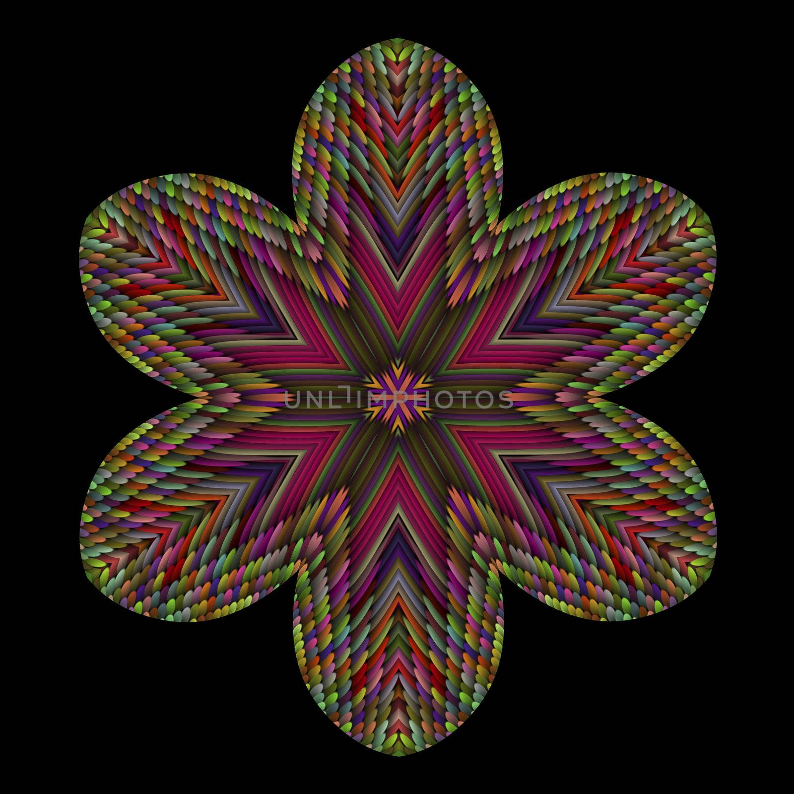 An abstract illustration of a stylized flower with a woven central pattern.