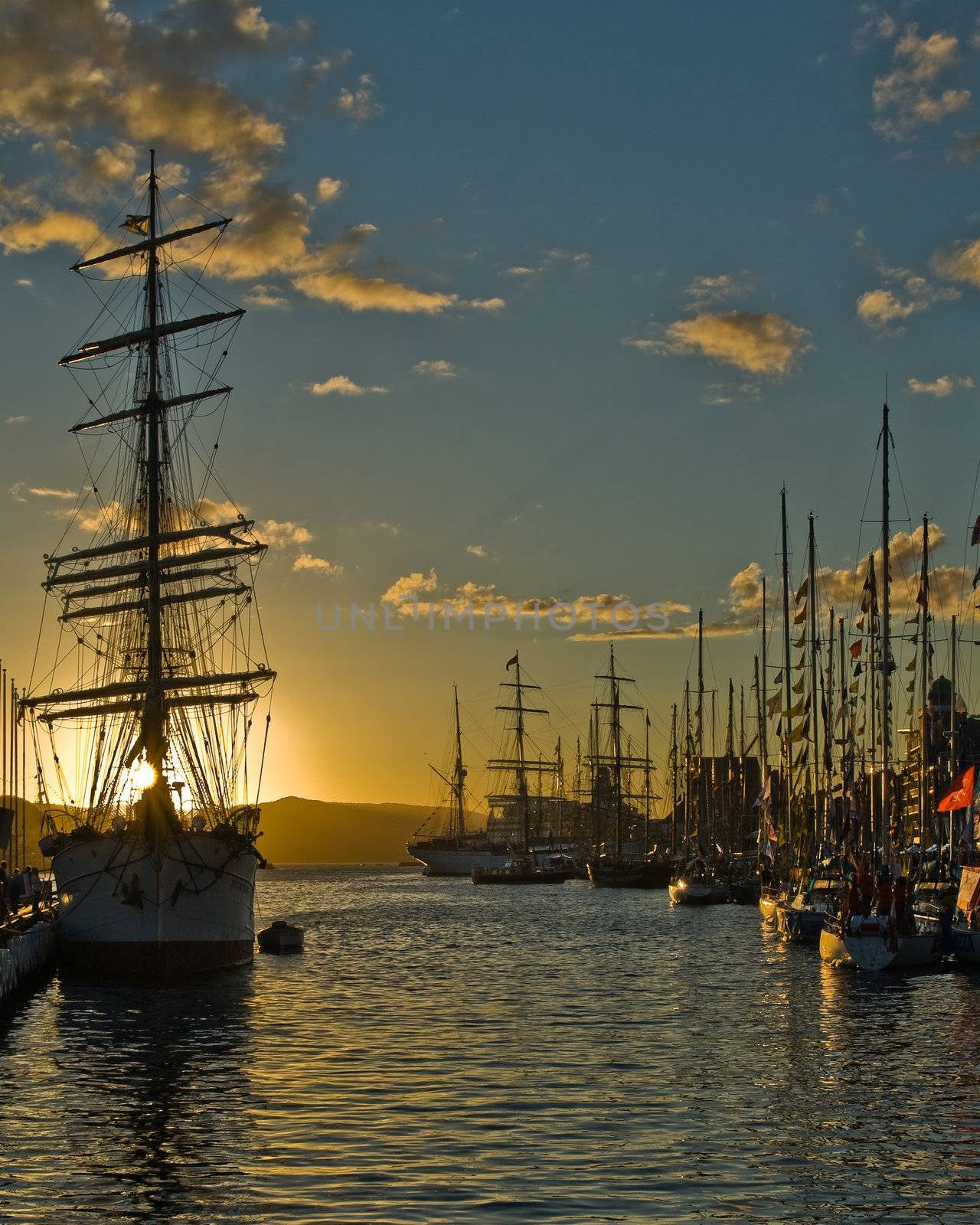 Bergen harbour in sunlight, under the Tall Ships' Races