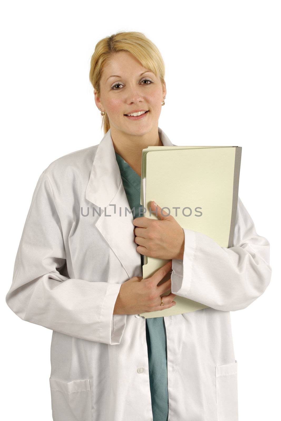A beautiful young blond female doctor, dentist, nurse carrying medical files.
