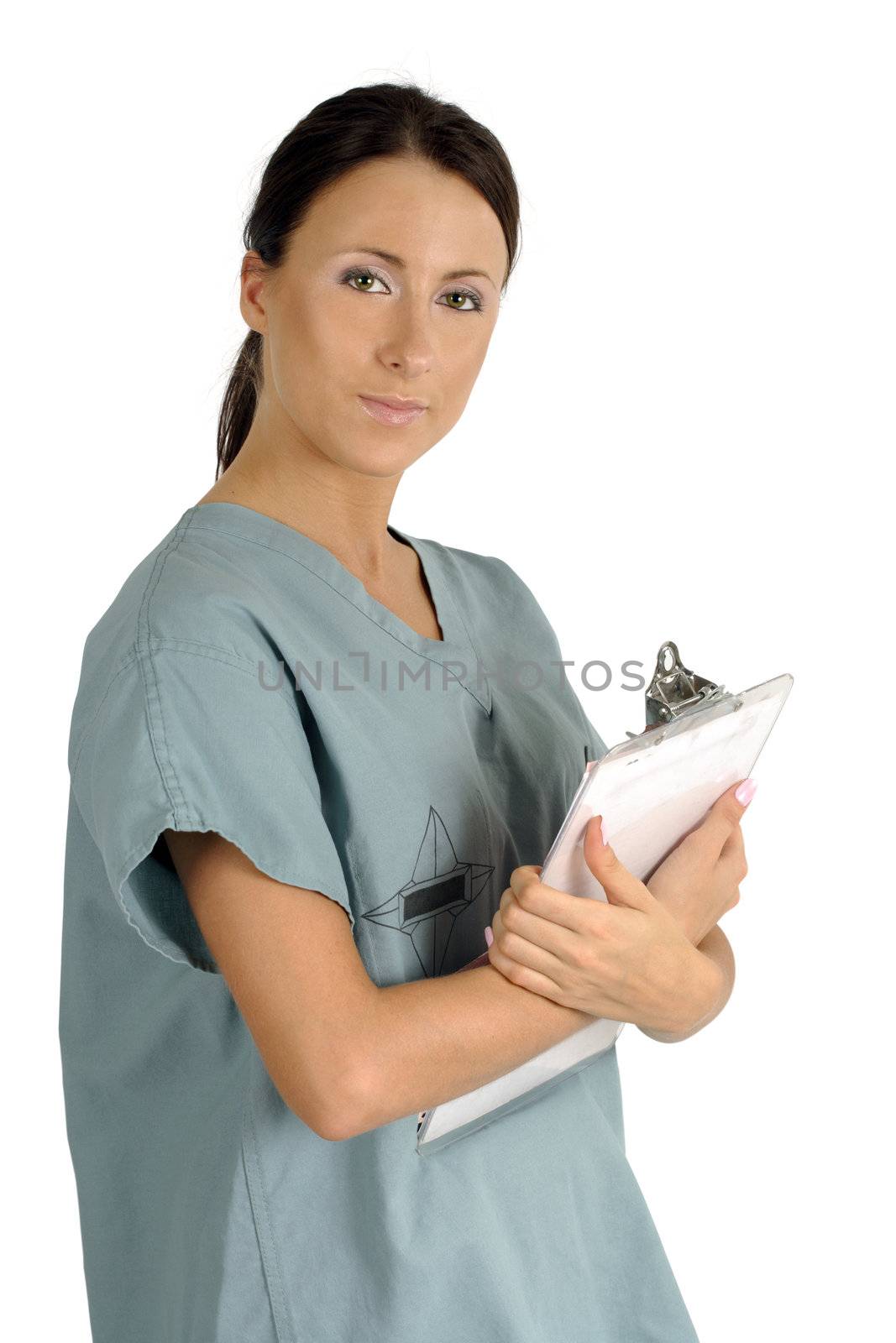 A beautiful young female nurse or dental hygienist carrying medical files.
