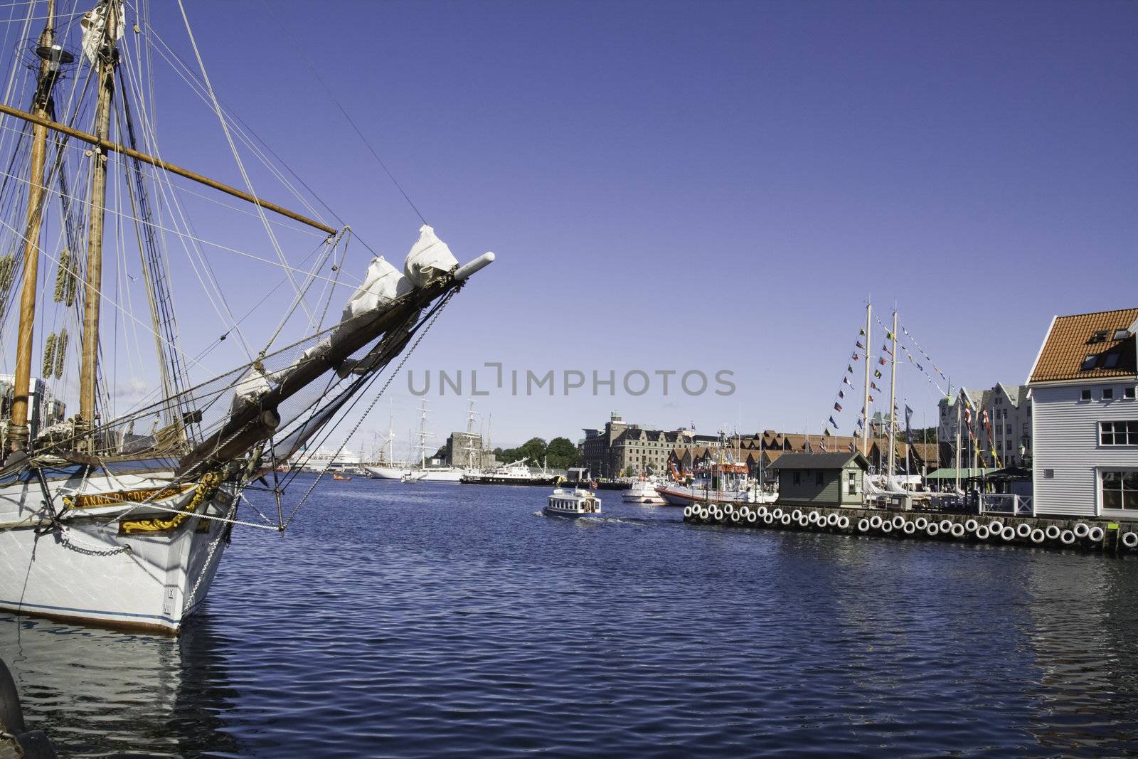 Bergen harbour in sunlight, under the Tall Ships' Races