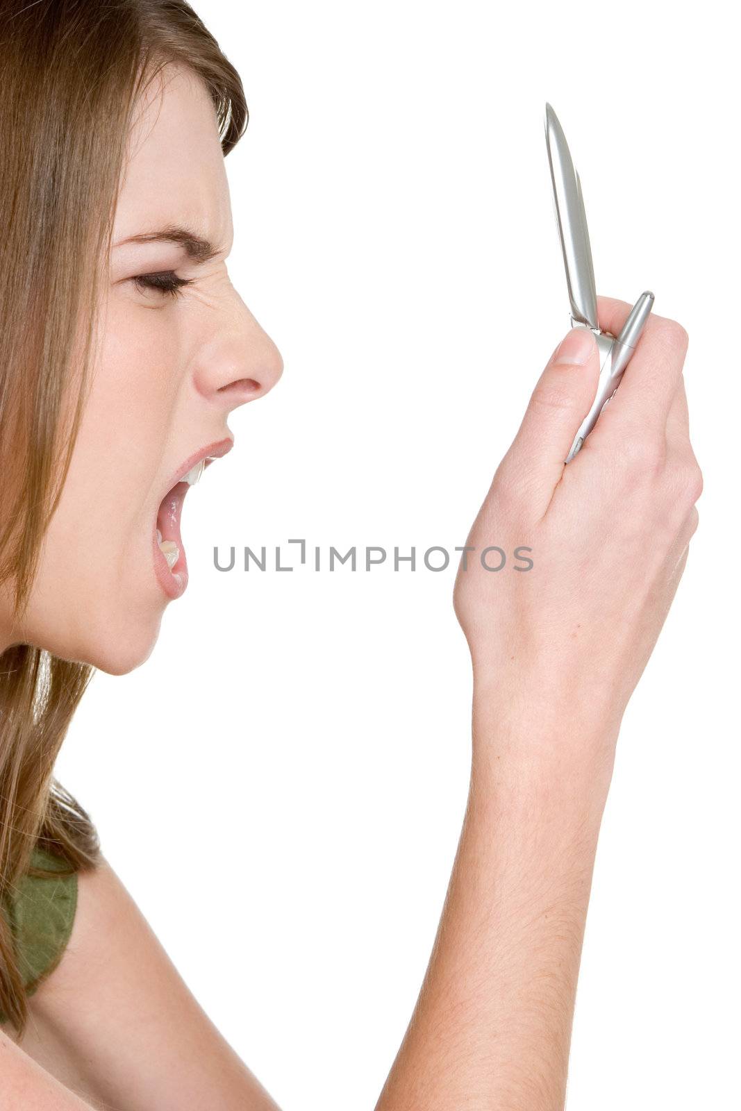 Teen girl yelling into phone