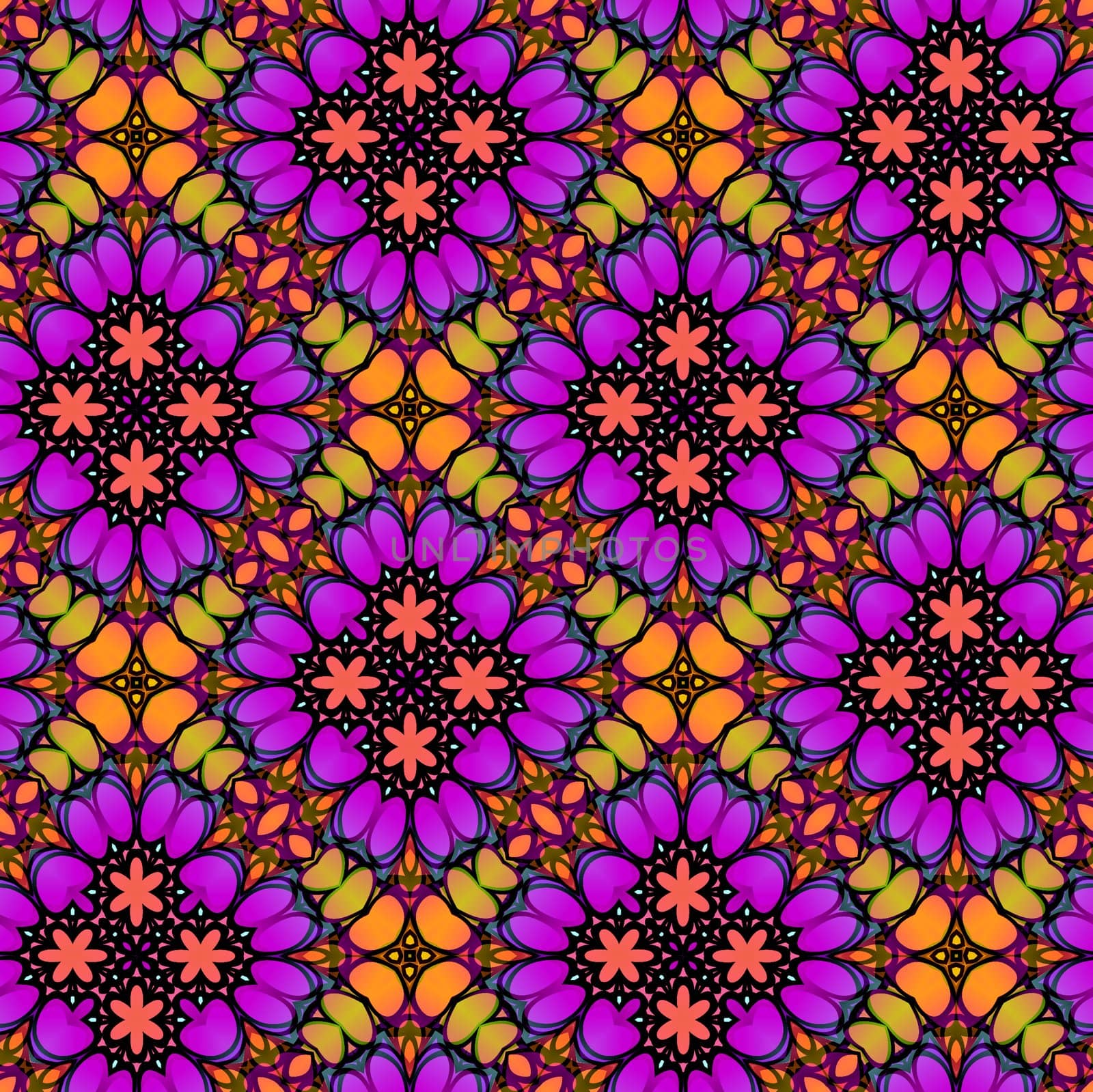 seamless texture of red, pink and yellow shapes into flowers