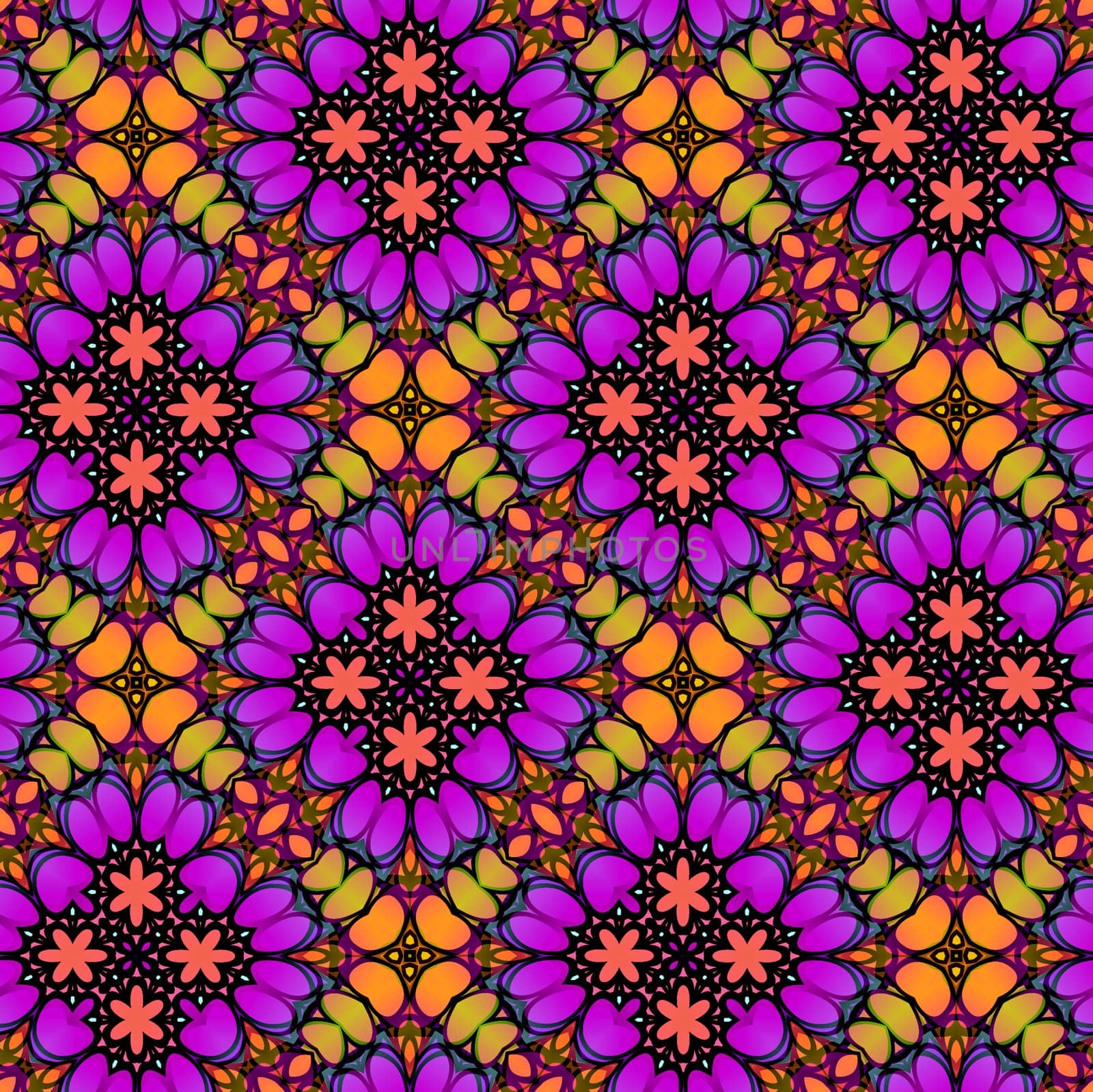seamless texture of red, pink and yellow shapes into flowers
