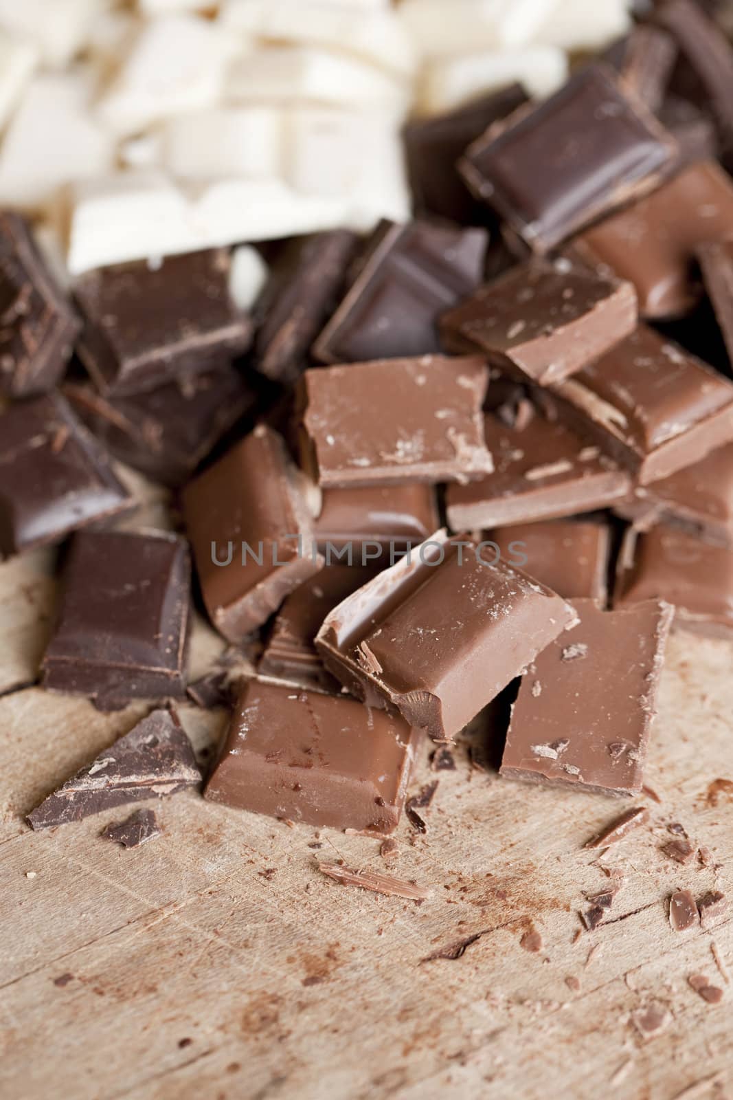 Close-up of many flavors of chocolate - selective focus