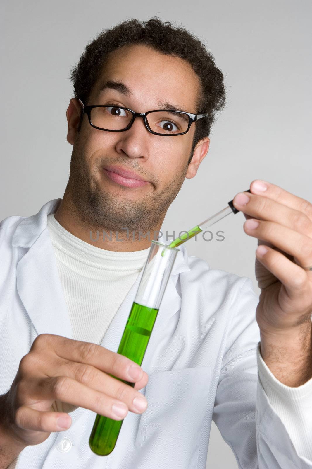 Crazy scientist man doing experiment