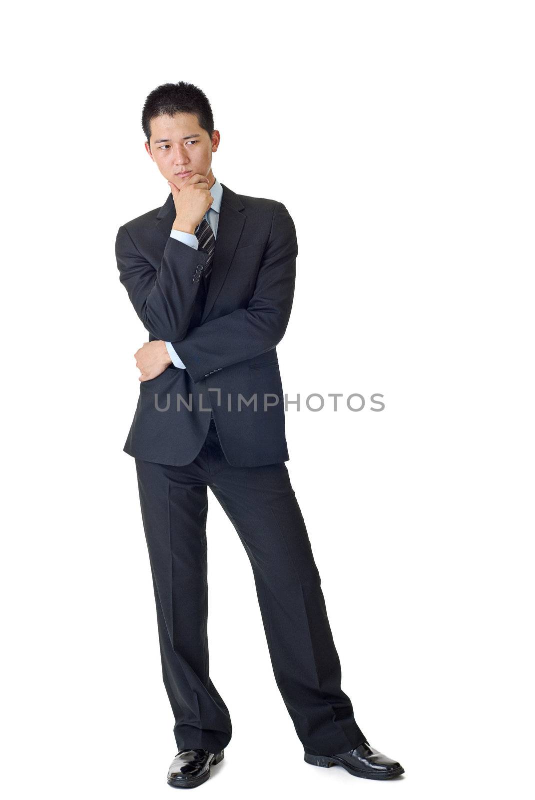 Thinking expression on face of young businessman of Asian, isolated on white background.