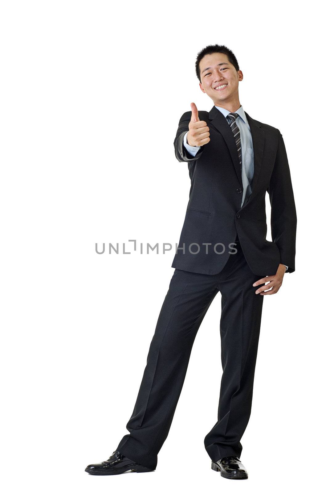 Young businessman smiling portrait isolated on white background.