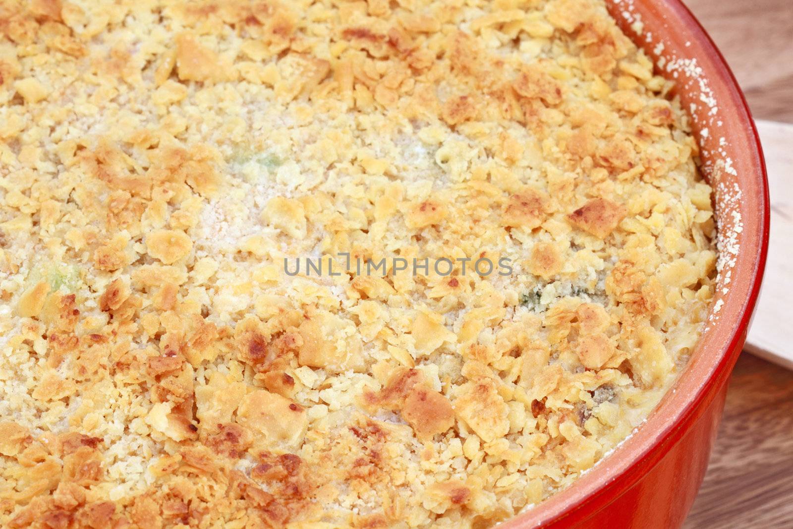 Freshly prepared chicken broccoli casserole. Shallow DOF.
