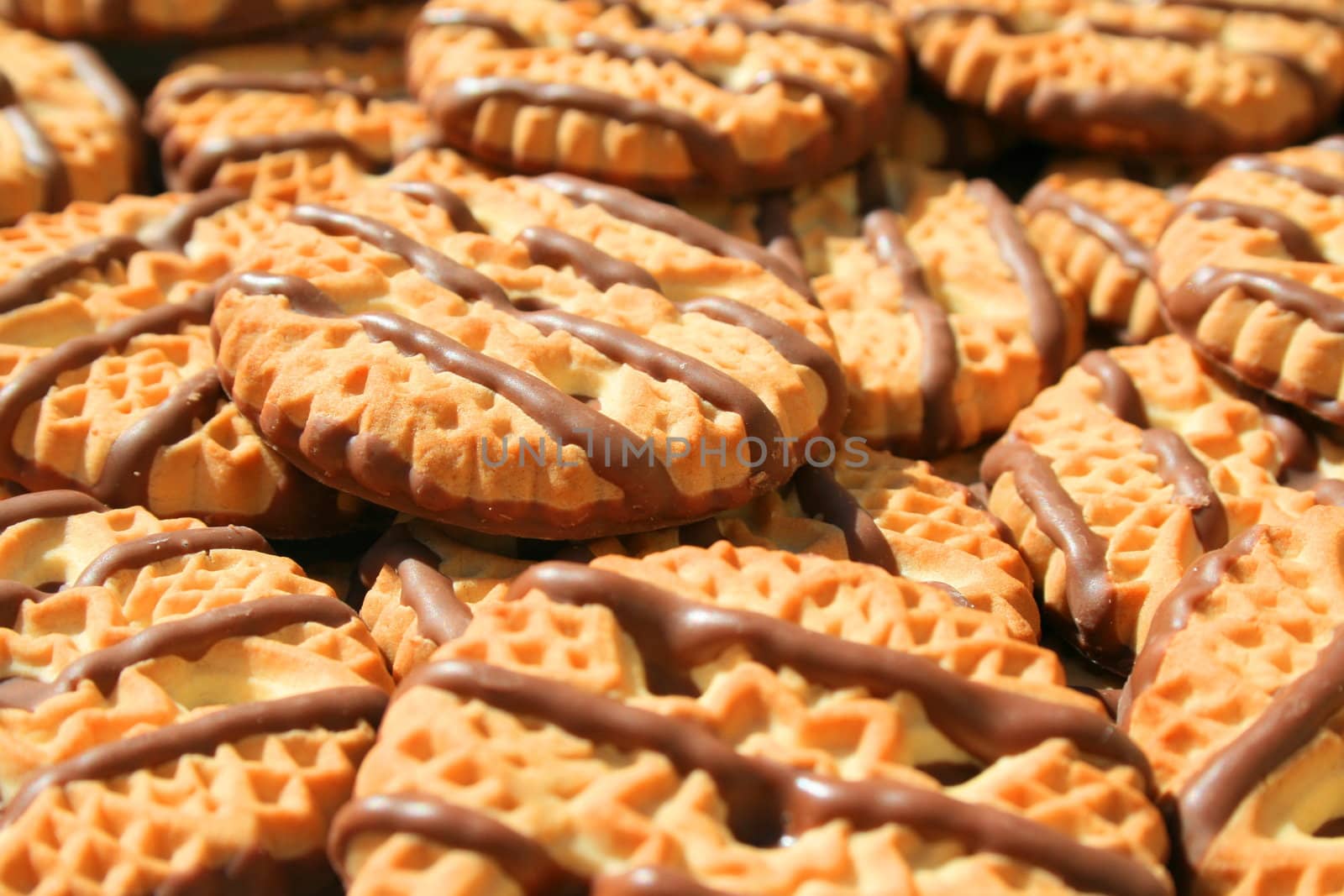 Close up of chocolate striped shortbread cookies.
