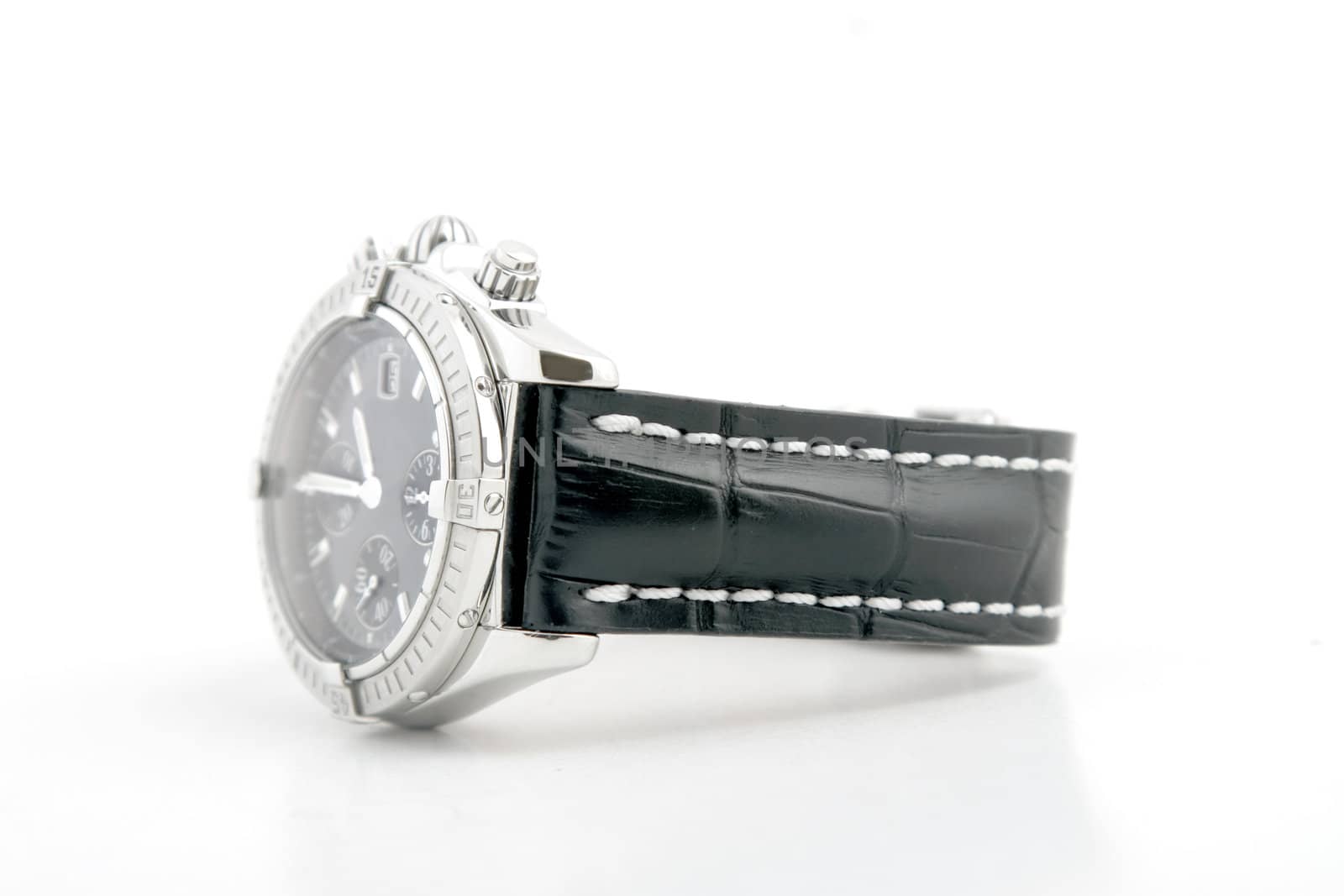 luxury watch, black leather and white gold