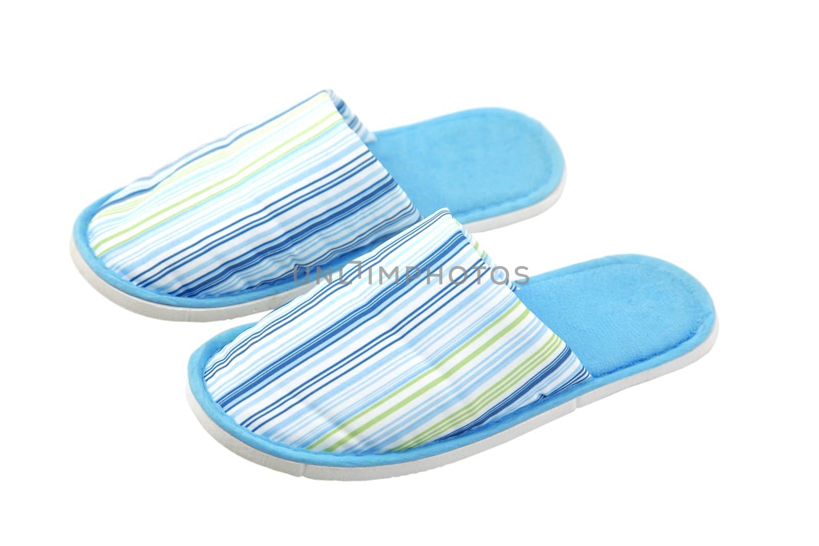 front view of blue textile unisex slippers
