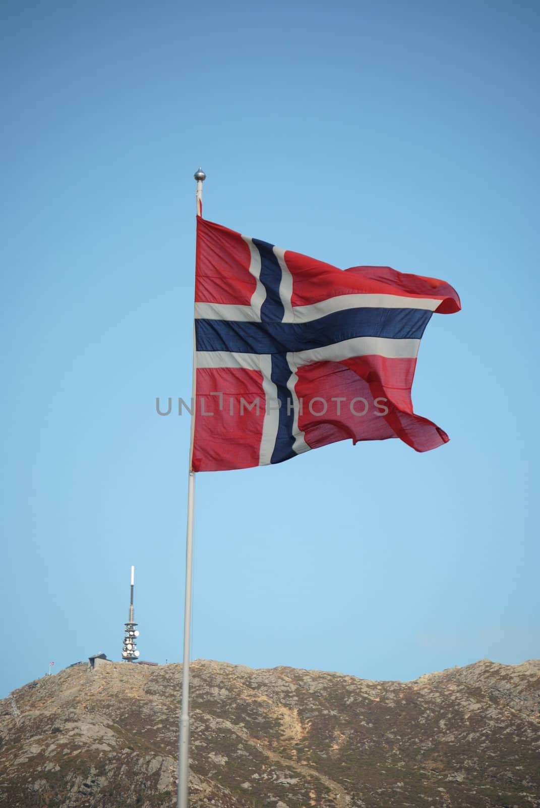 Flag in Norway, Ulriken Bergen in background