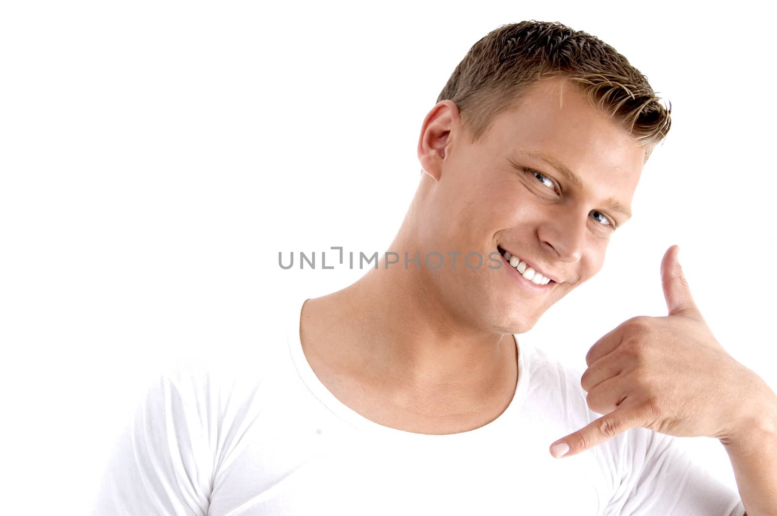 male making a phone call hand gesture with white background