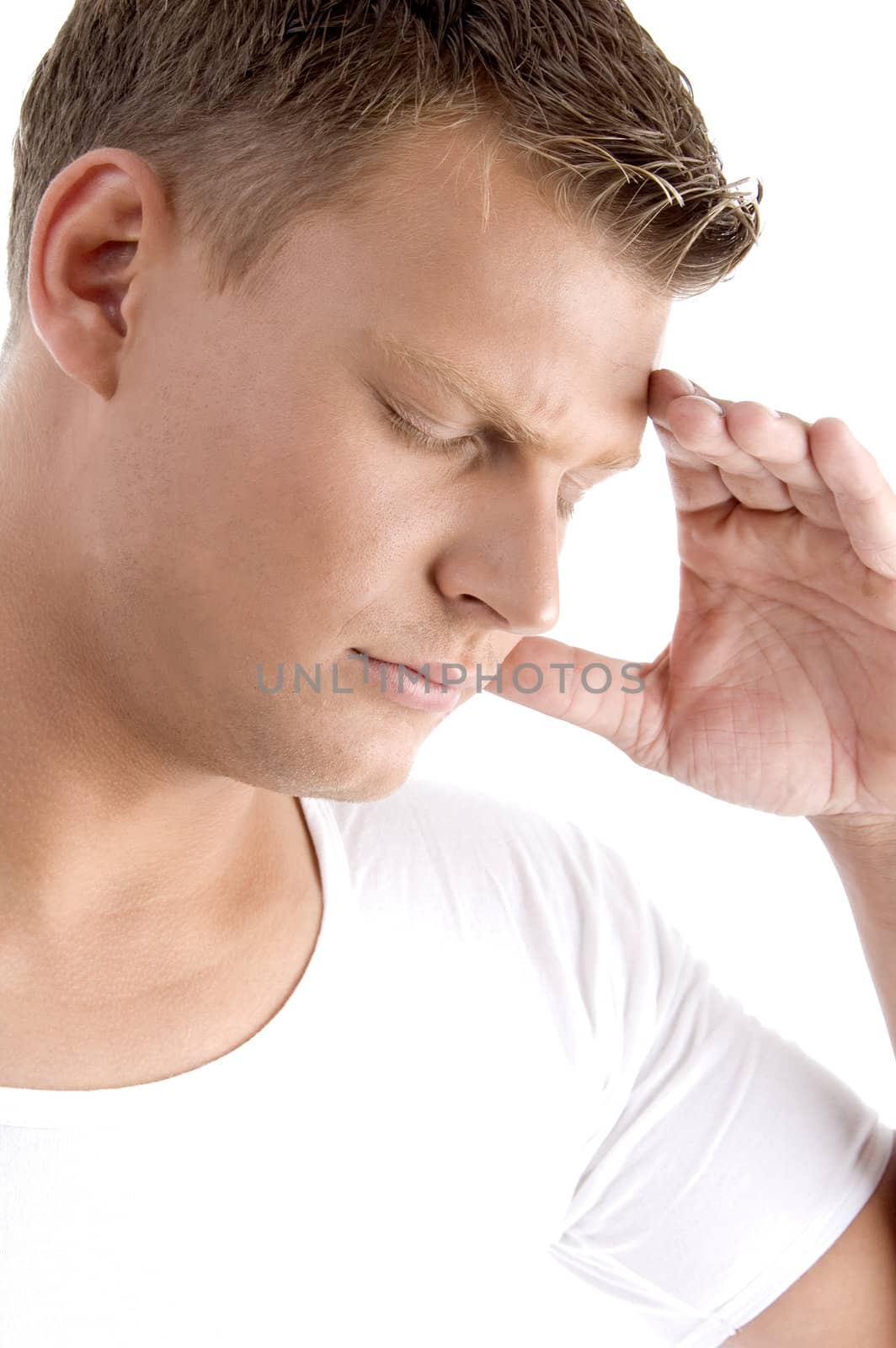 young man in pain on an isolated white background