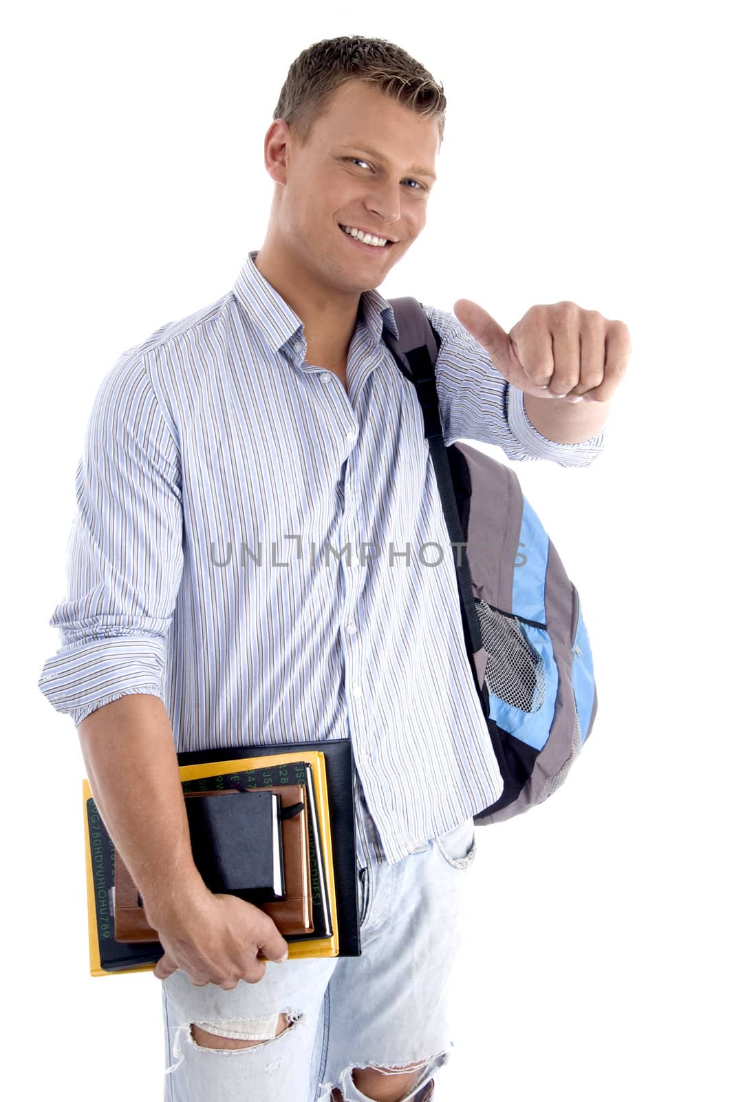 college student with books and backpack on an isolated white background