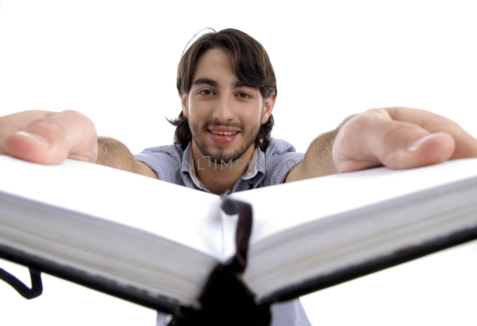 smart guy holding his opened diary isolated on white background