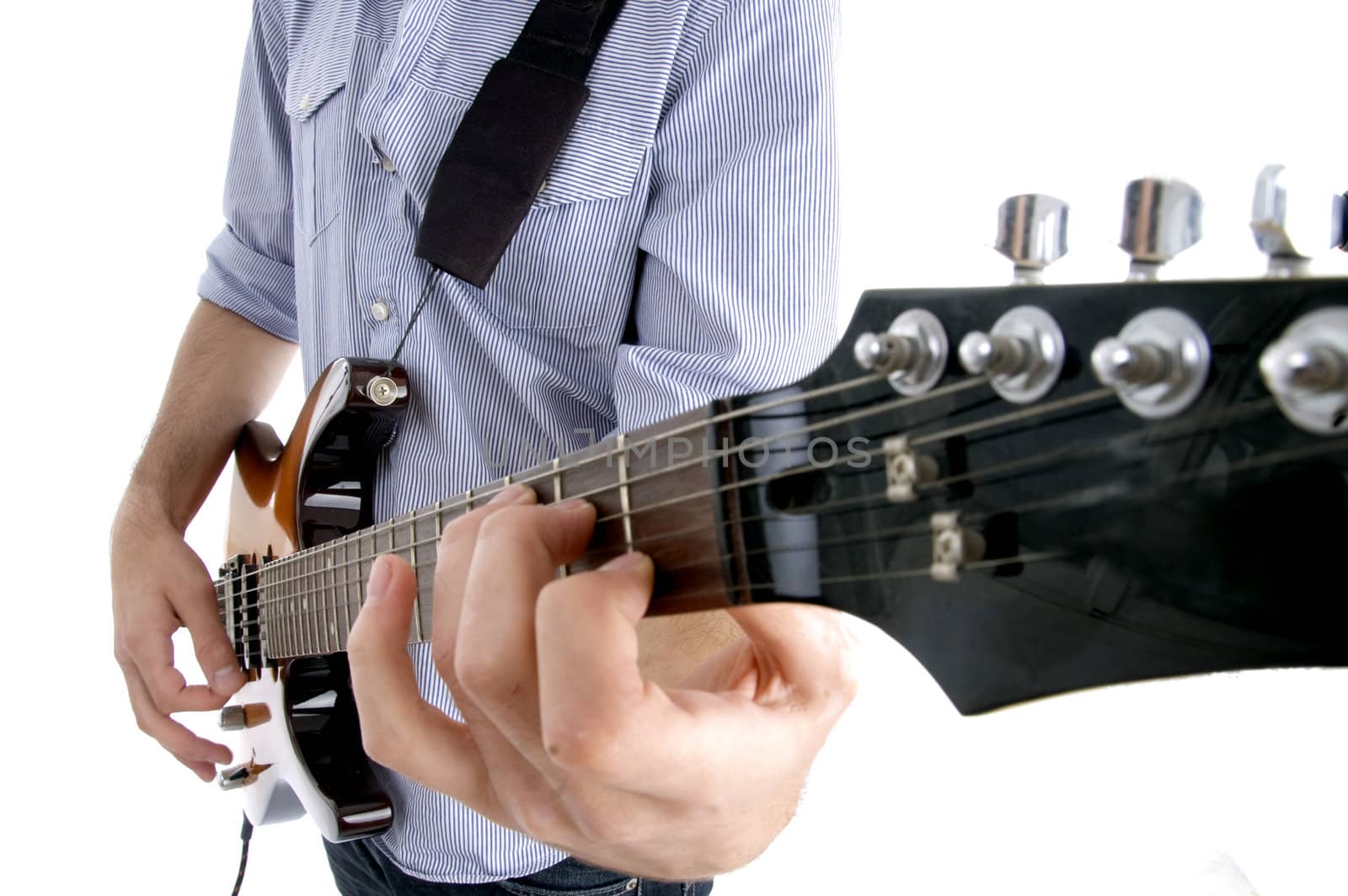 young guy playing melody with white background