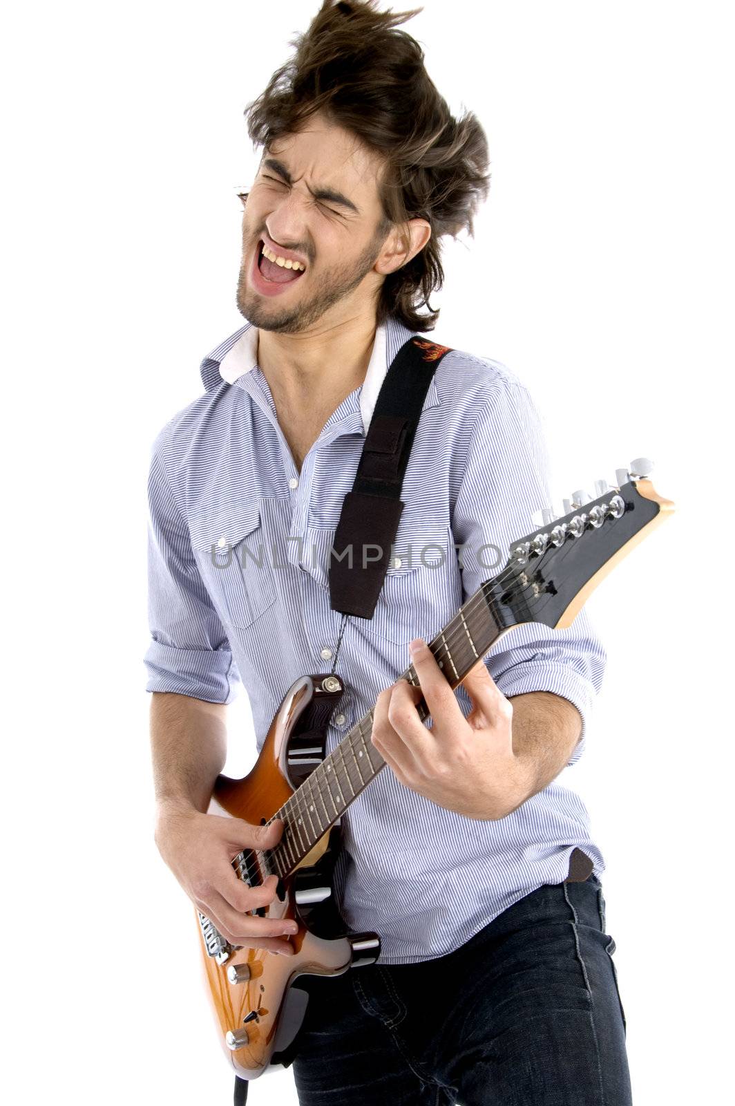 handsome man passionate for music against white background