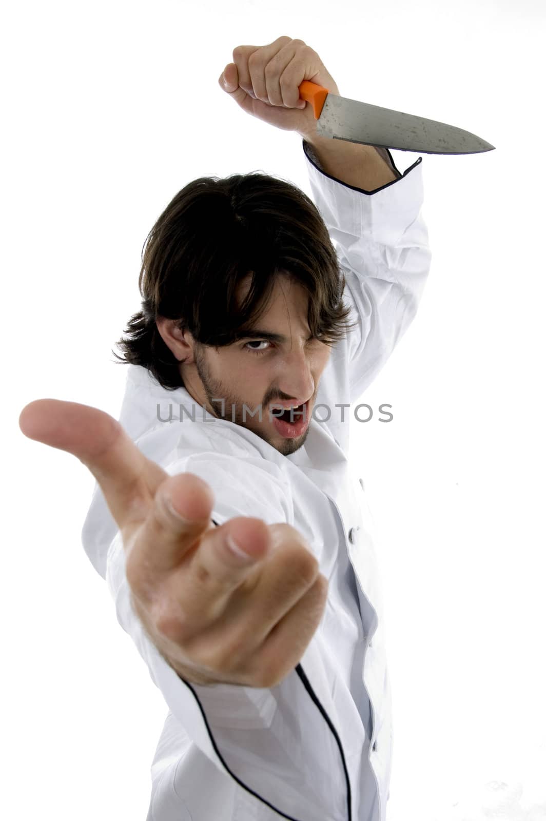 young violent chef against white background