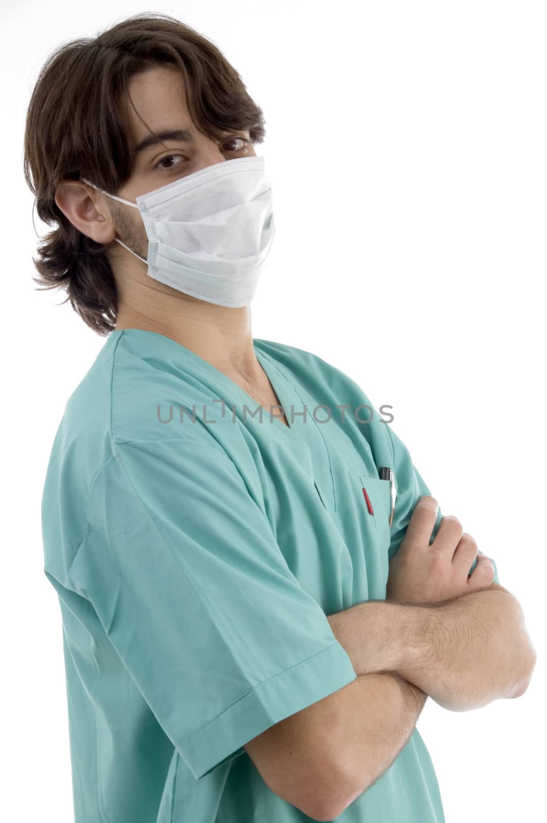 doctor in scrubs and facemask isolated on white background