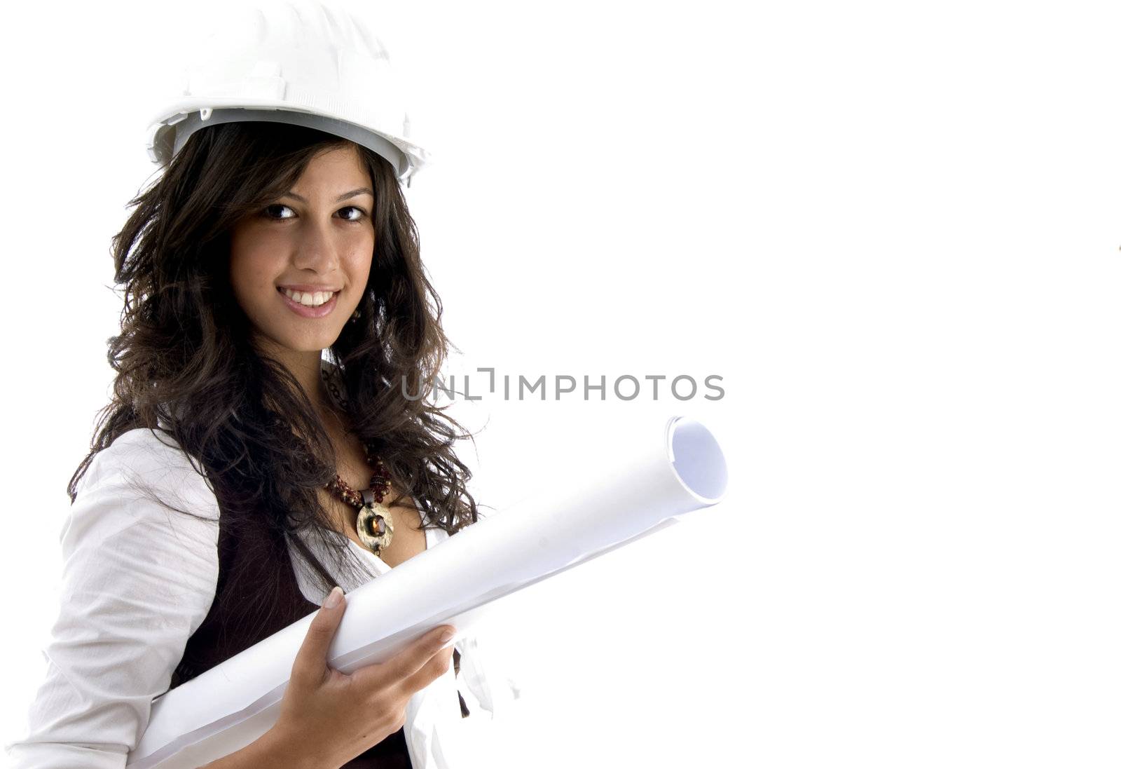 young female architect holding blueprints on an isolated white background