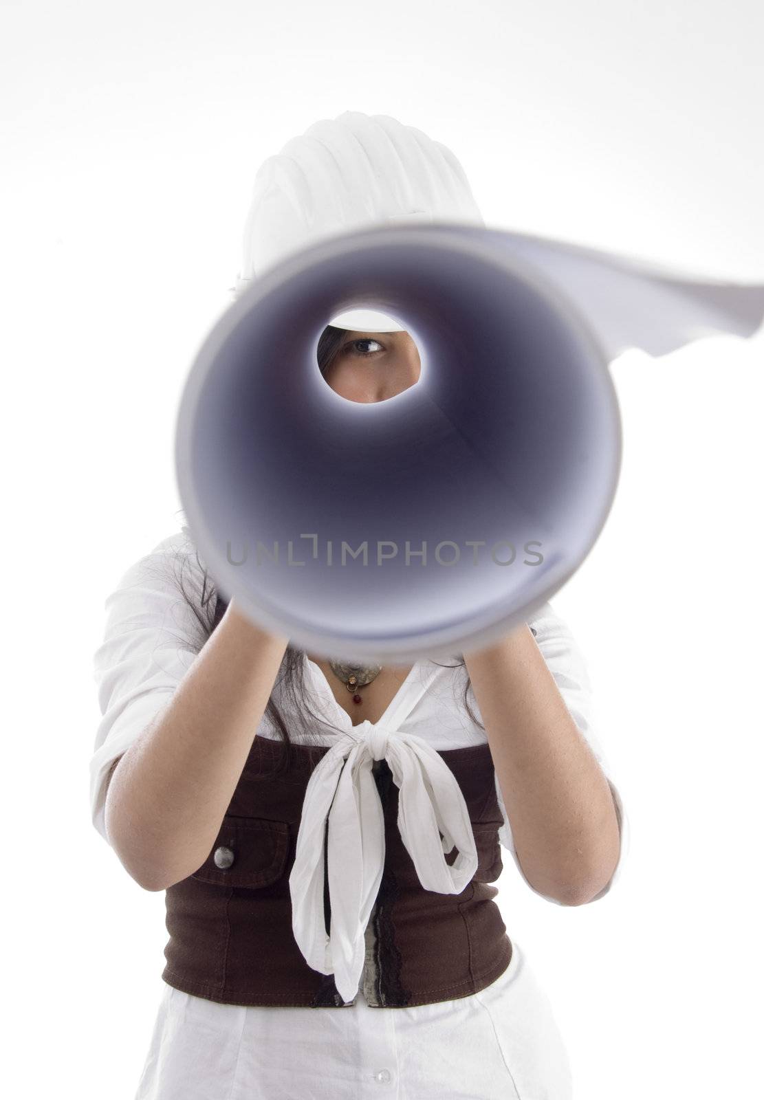 architect looking through blueprint rolls with white background
