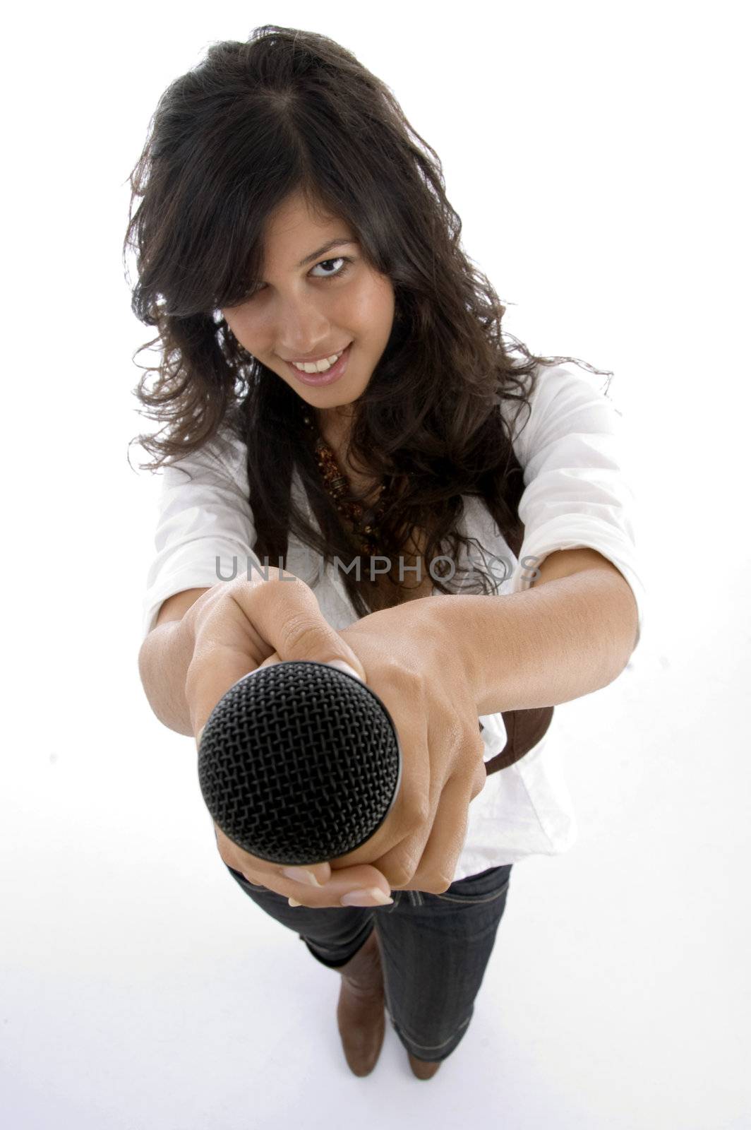 female singer offering microphone to sing on an isolated white background