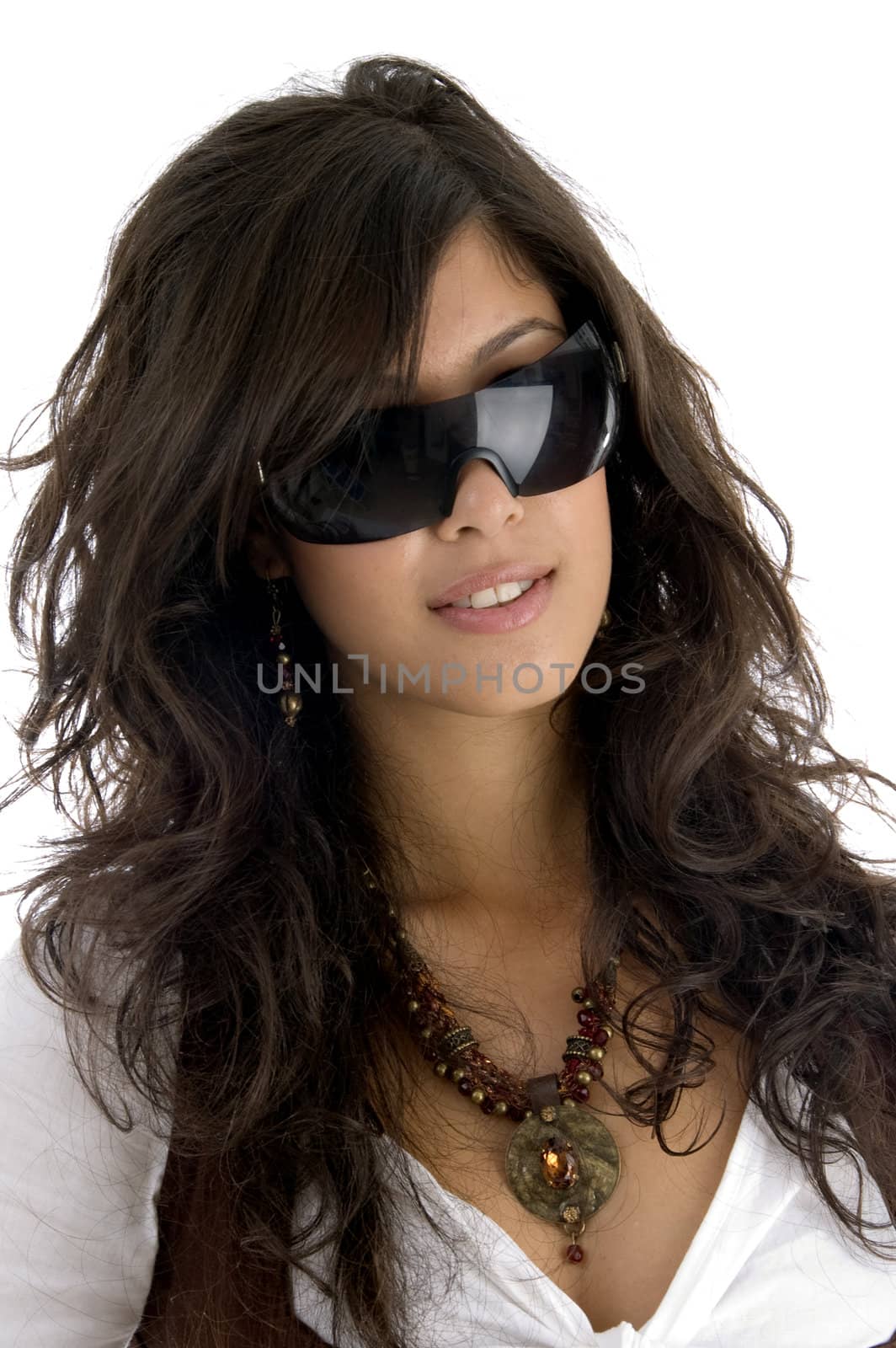 fashionable model wearing sunglasses isolated on white background