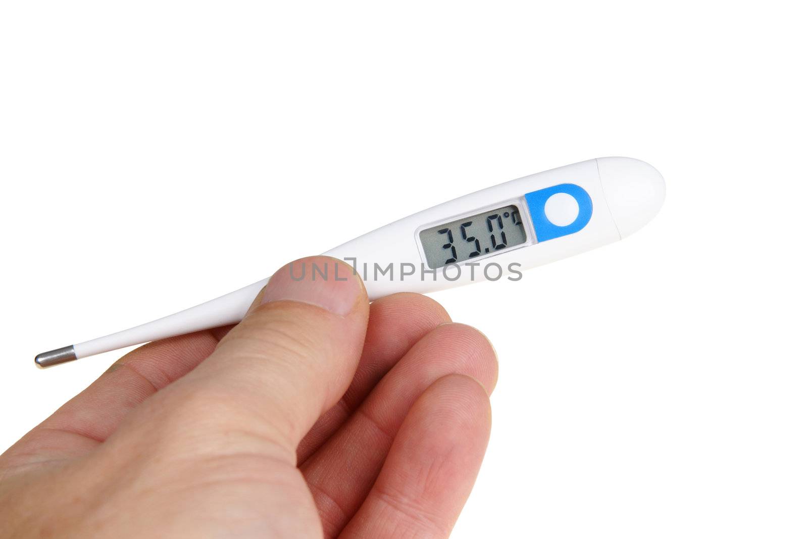 Digital thermometer in palm isolated on white (with clipping path)