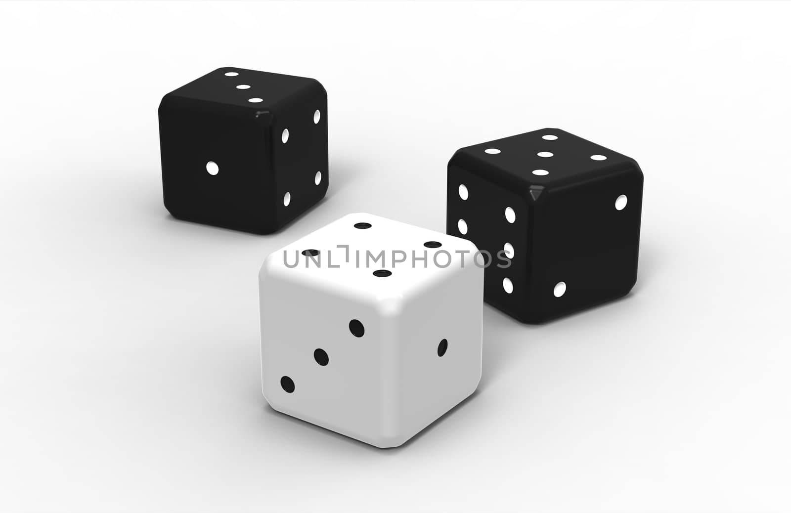 Three dices, render,  isolated on white background
