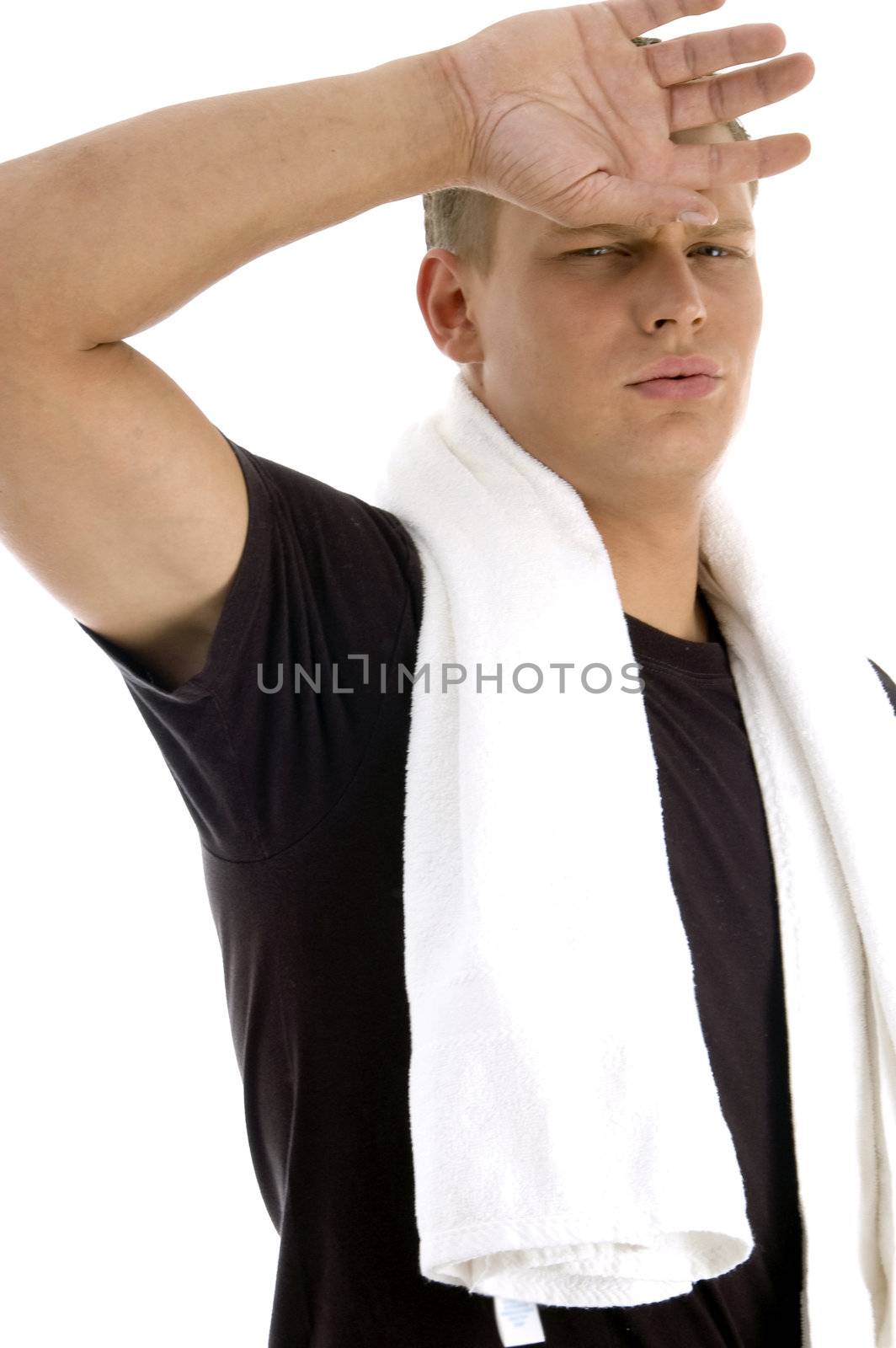 man feeling tired on an isolated white background