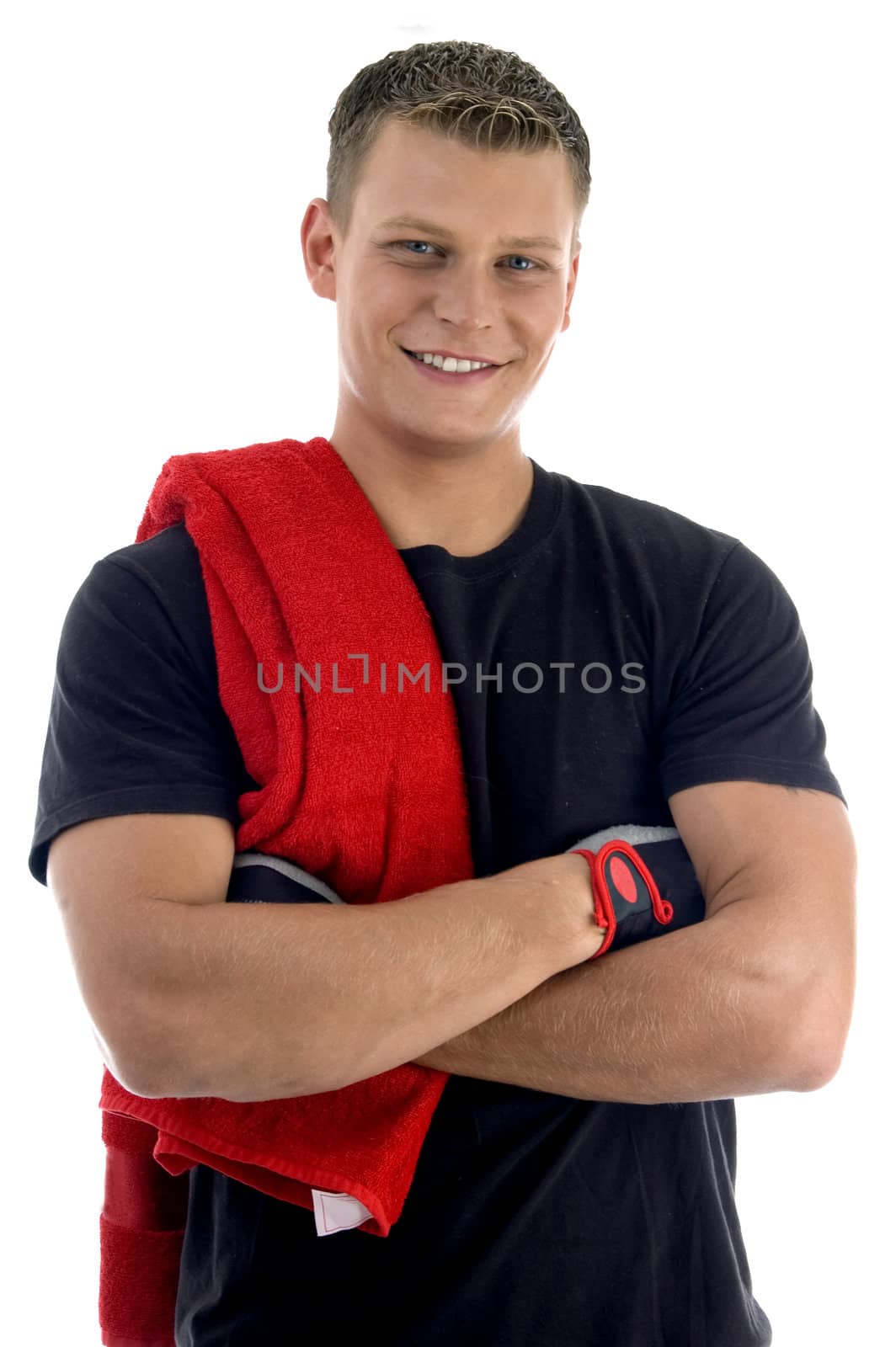 crossed arms man with towel with white background