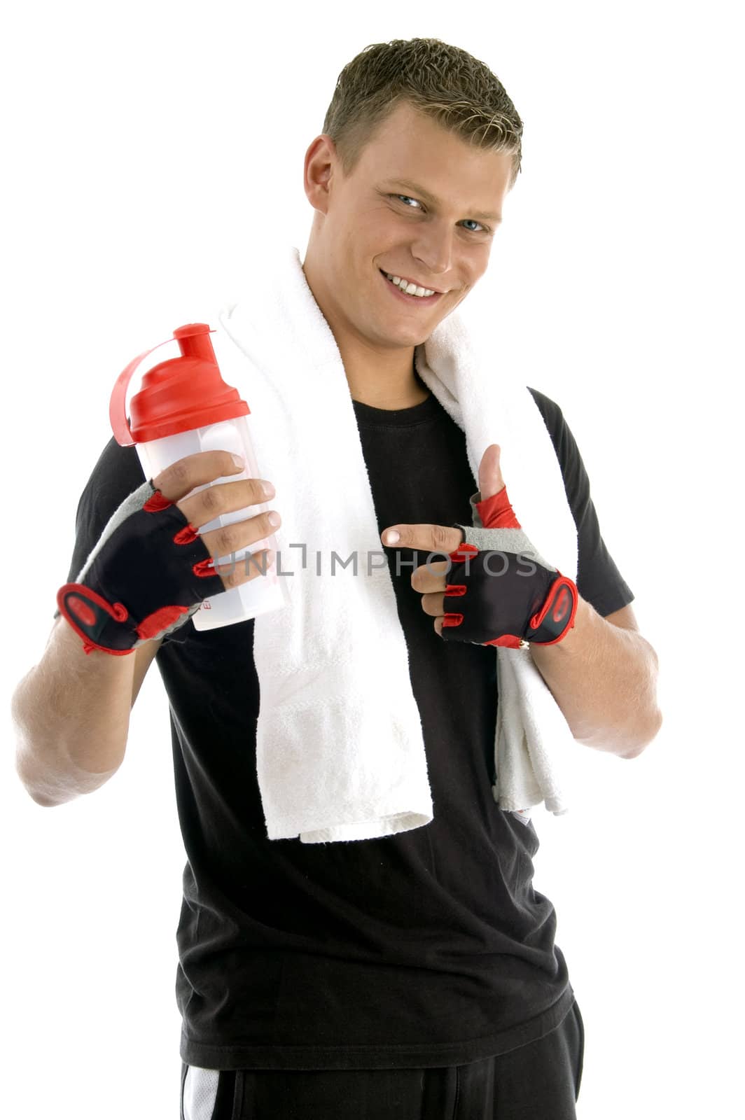 smiling man indicating bottle on an isolated background