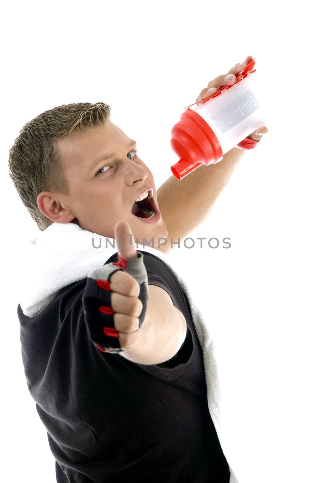male taking refreshment and wishing goodluck against white background