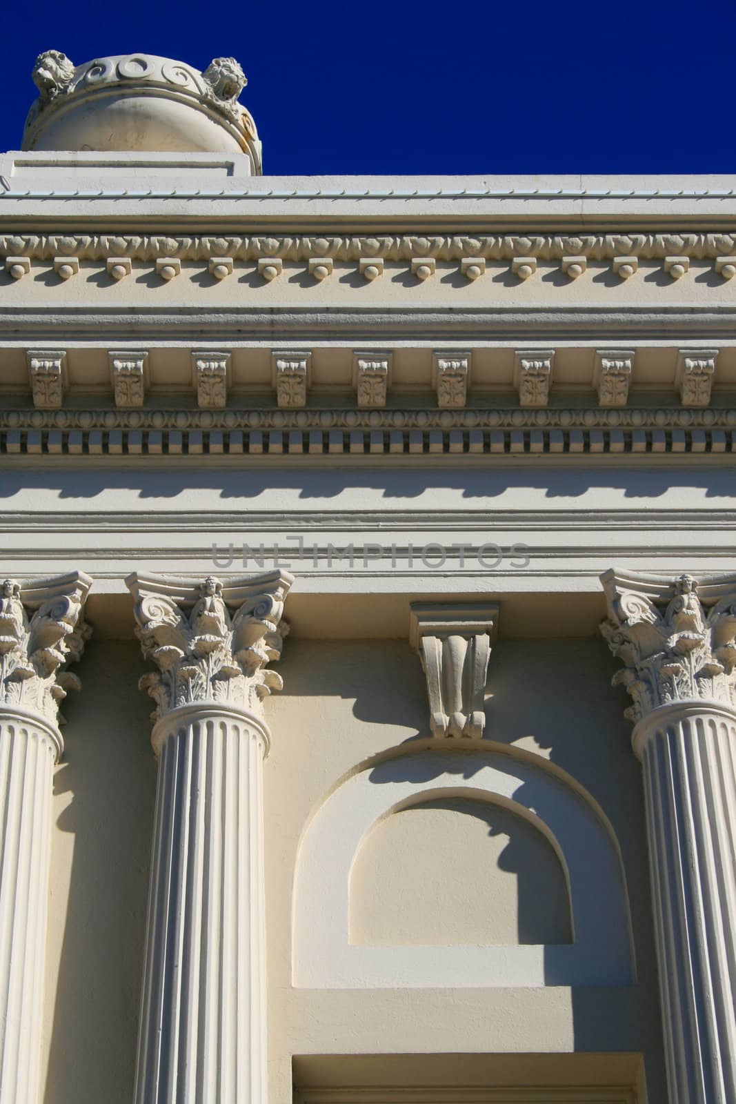 Row of columns showing unique architecture of a building.