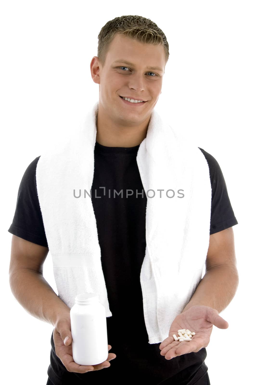 man holding bottle and pills with white background